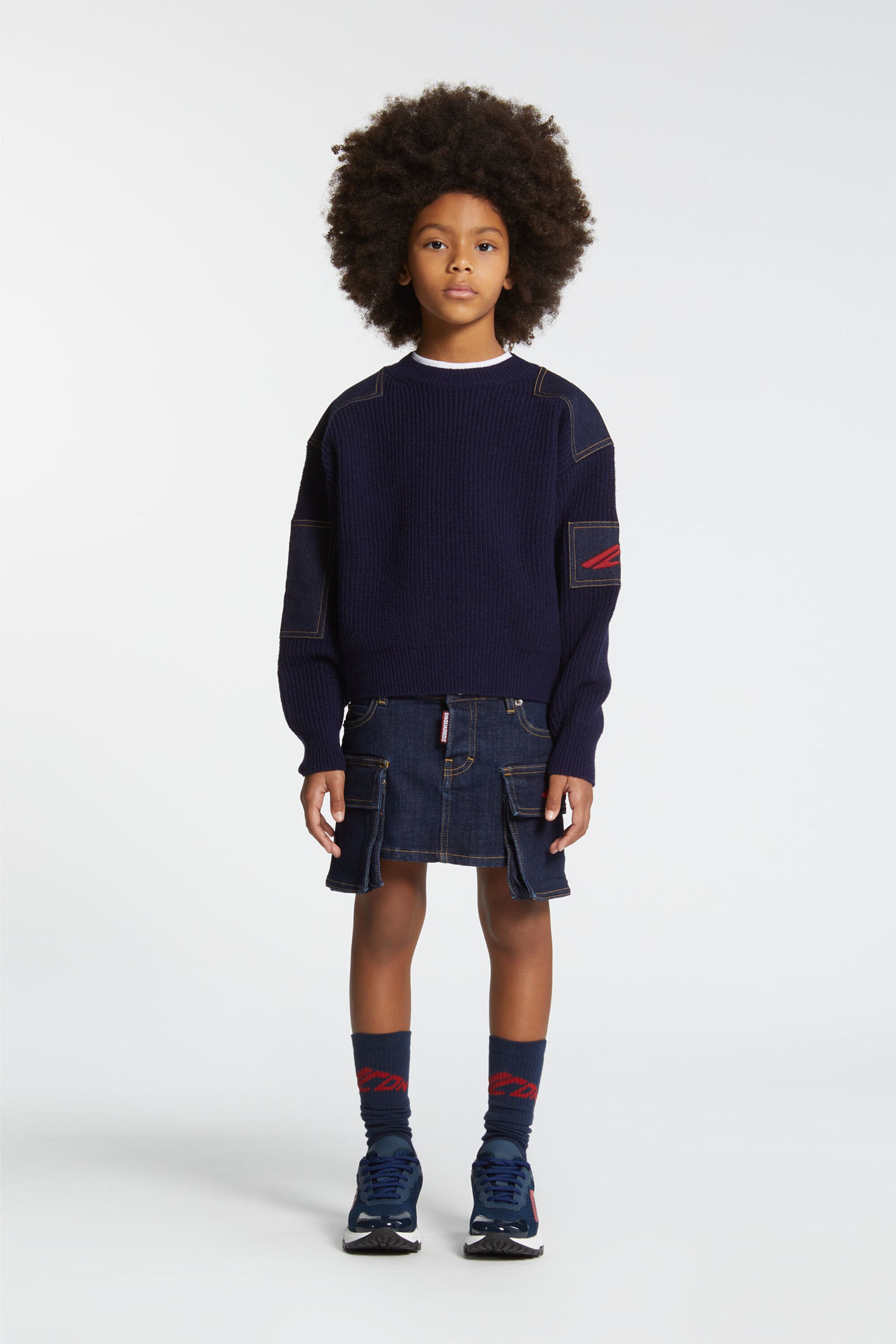 Wool blend pullover with denim inserts