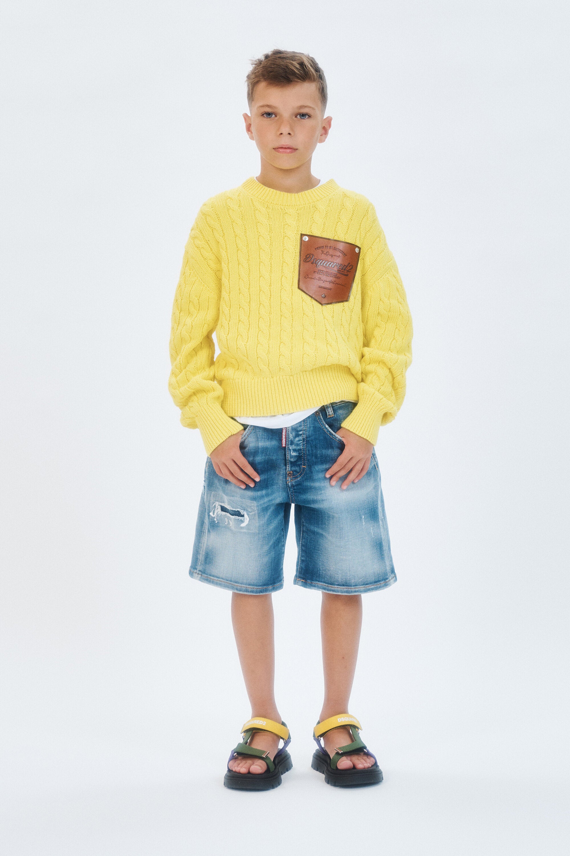 Cable-knit crewneck pullover with logo