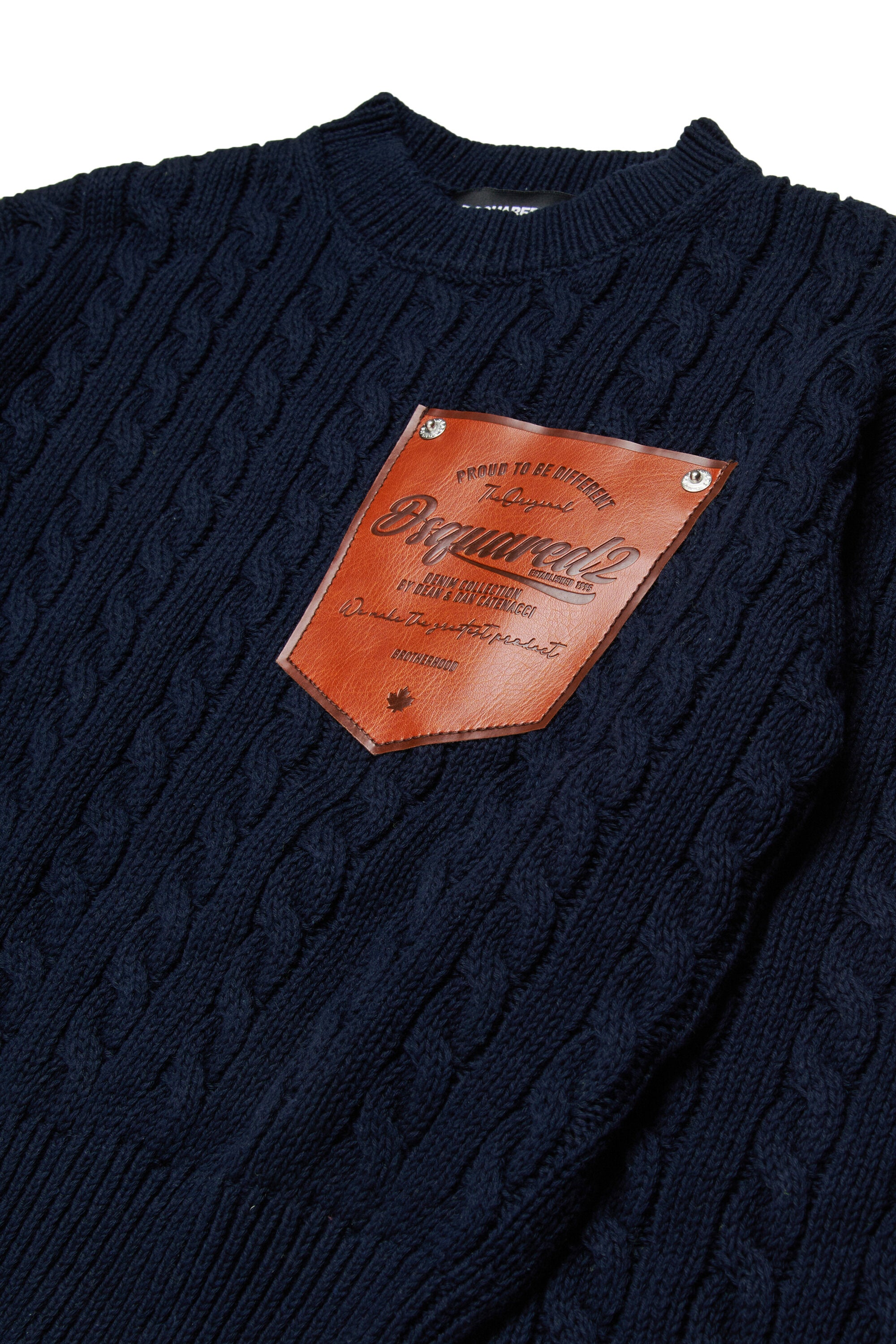 Cable-knit crewneck pullover with logo