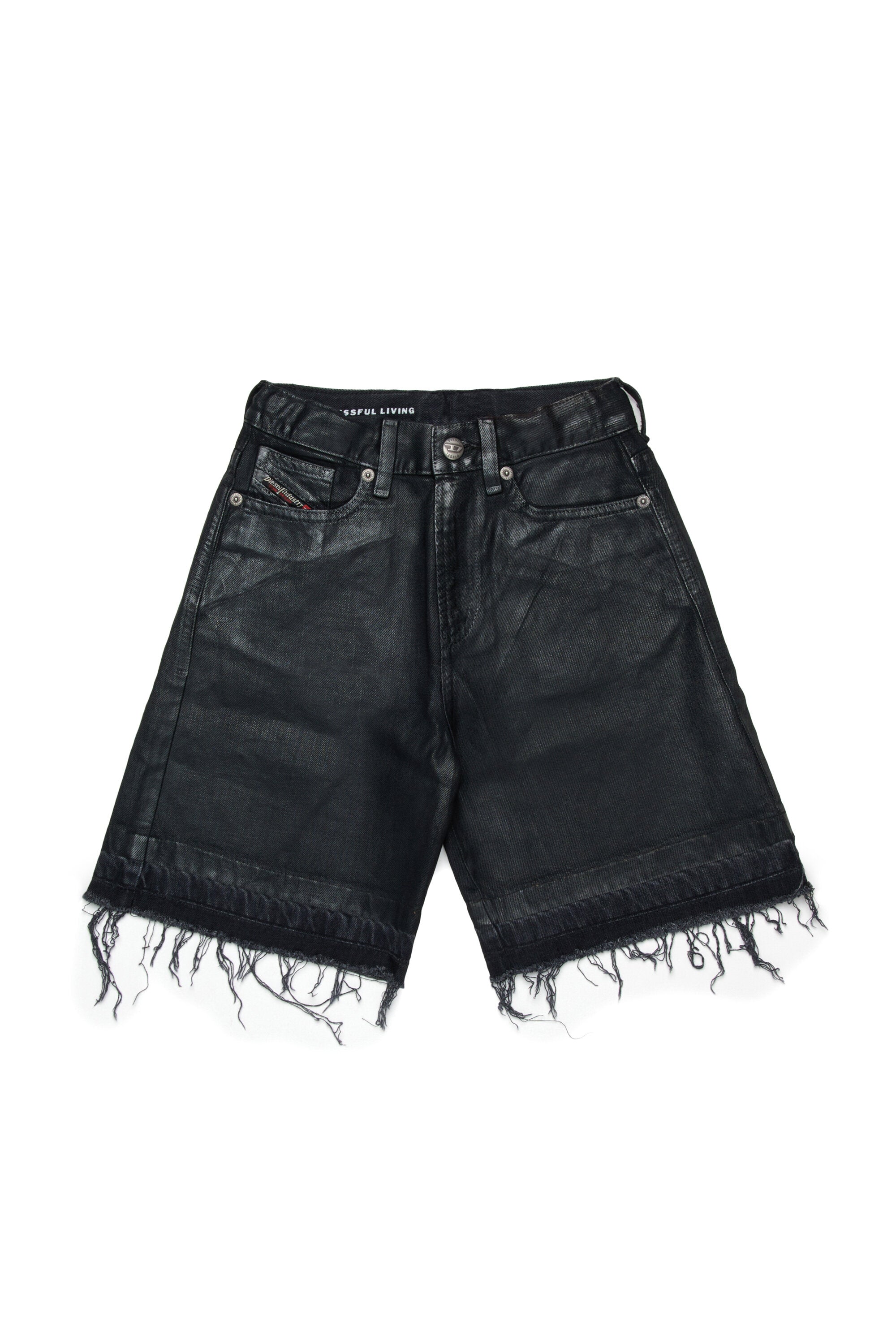 Black denim shorts with raw cut hem