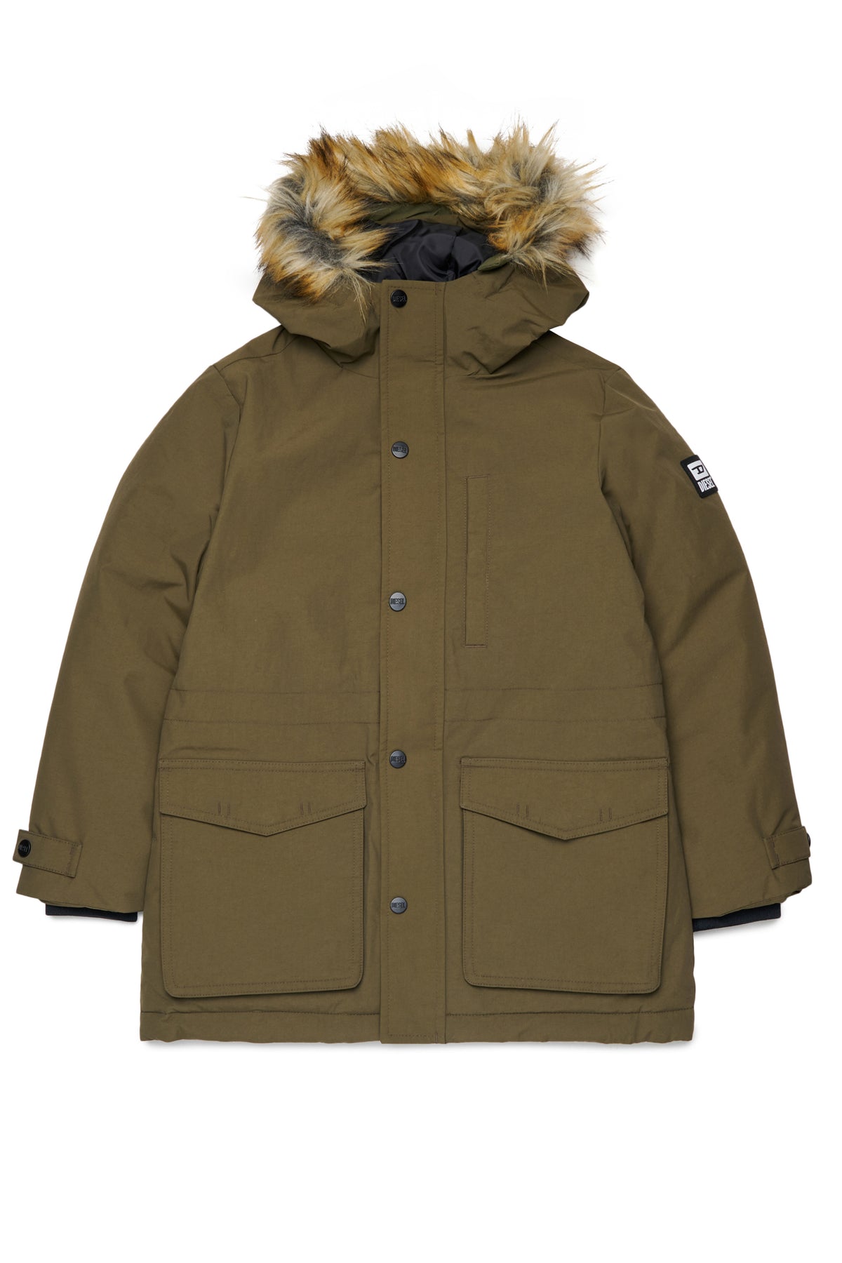 Chaqueta acolchada con capucha de piel sintética