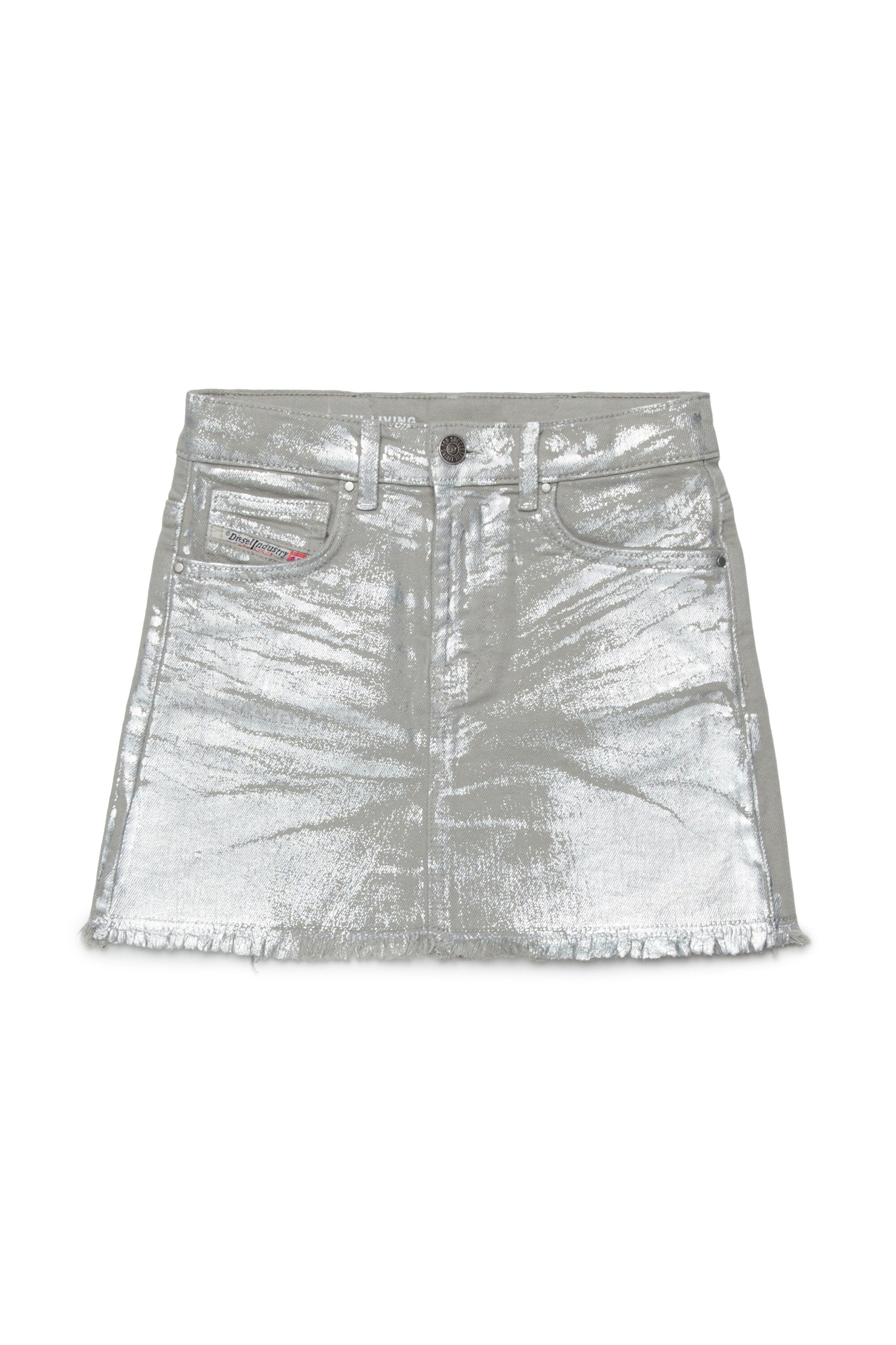 Laminated mini skirt with a fringed effect