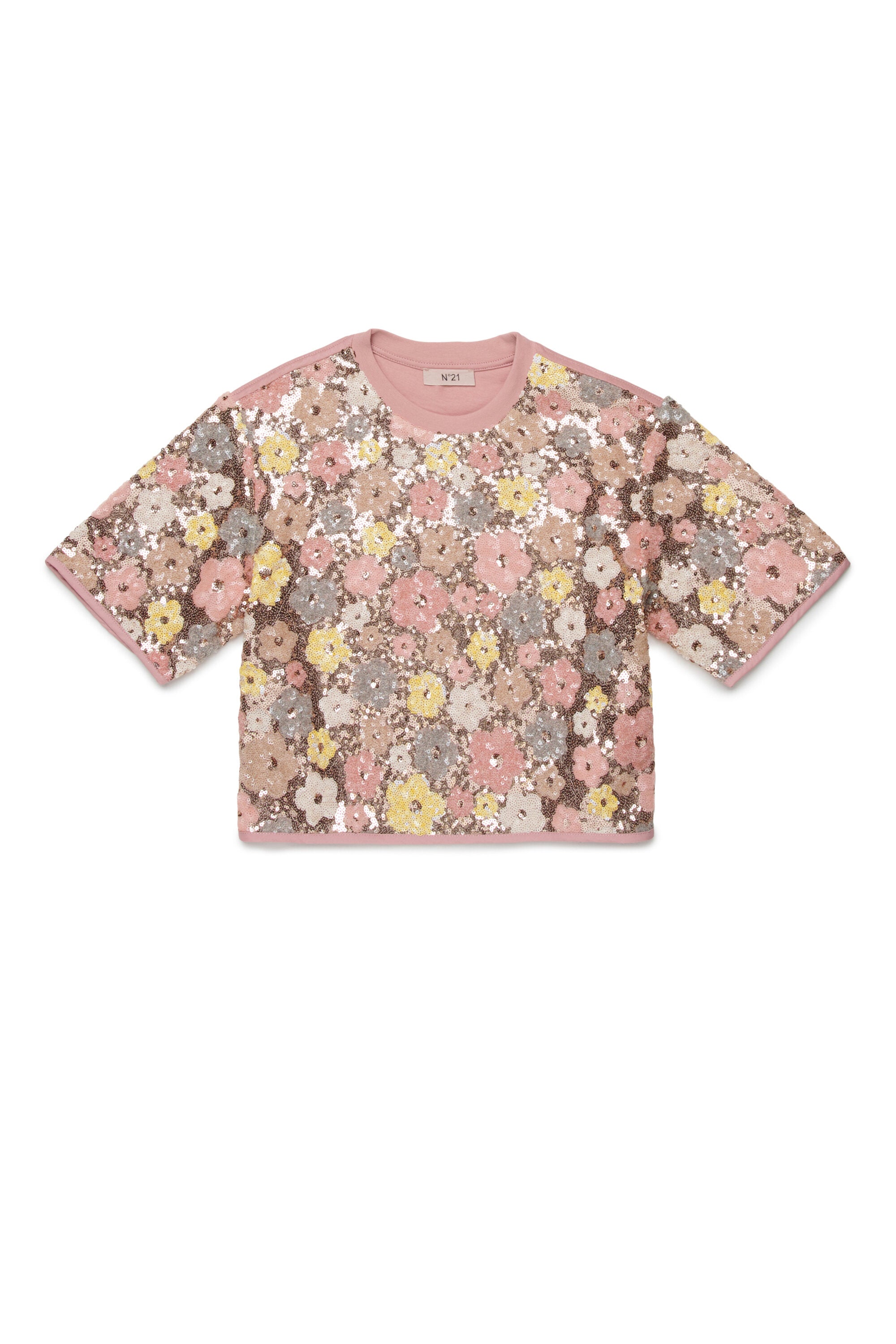 Crew-neck T-shirt with floral sequins