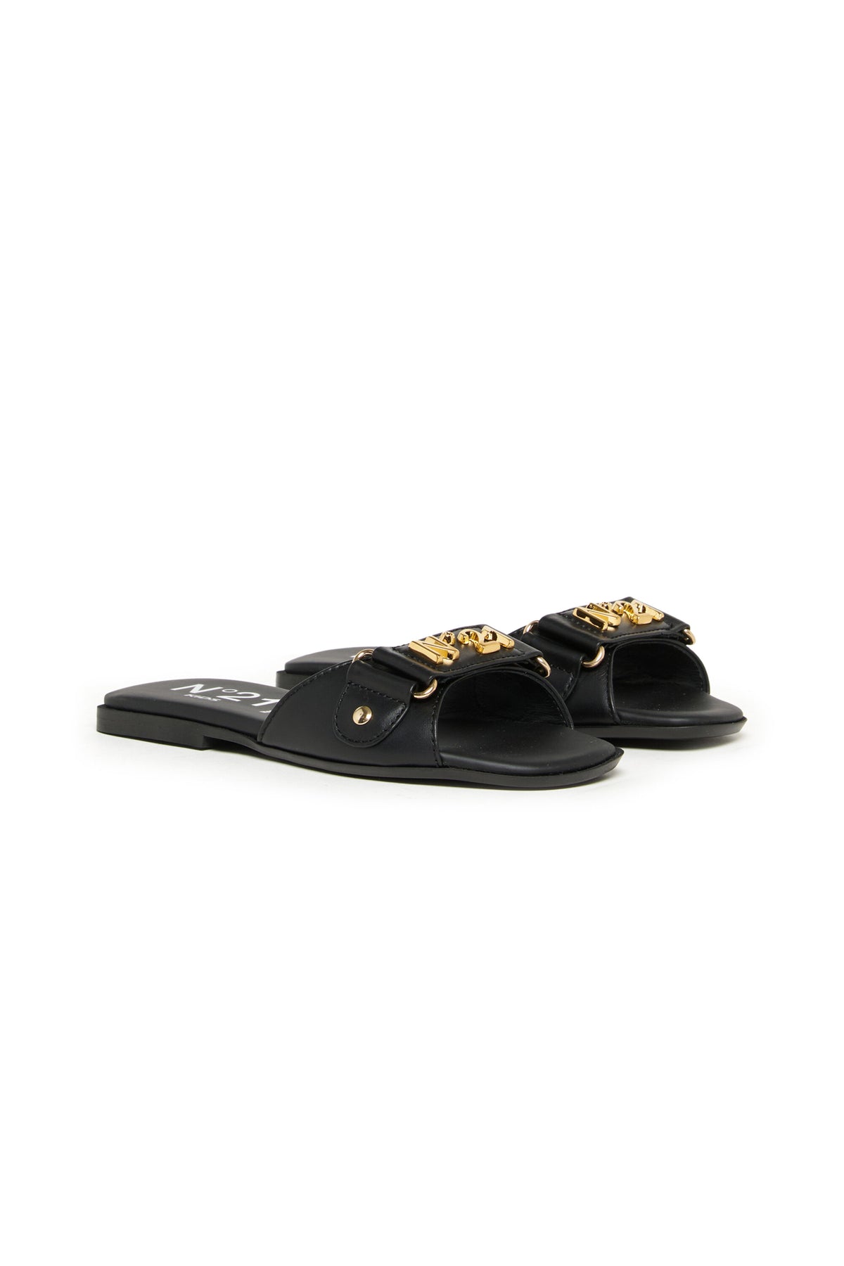Leather slides with metal logo