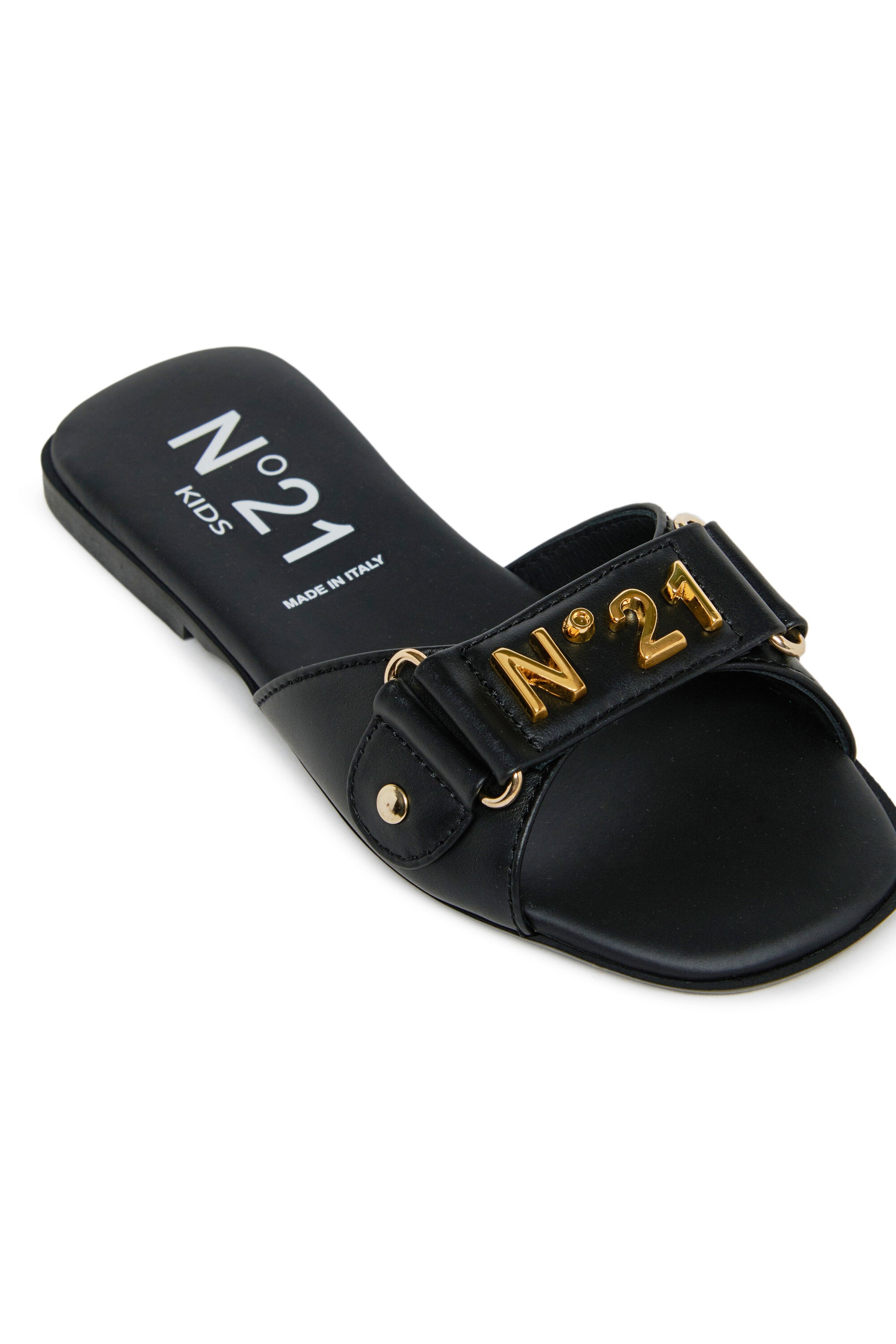 Leather slides with metal logo