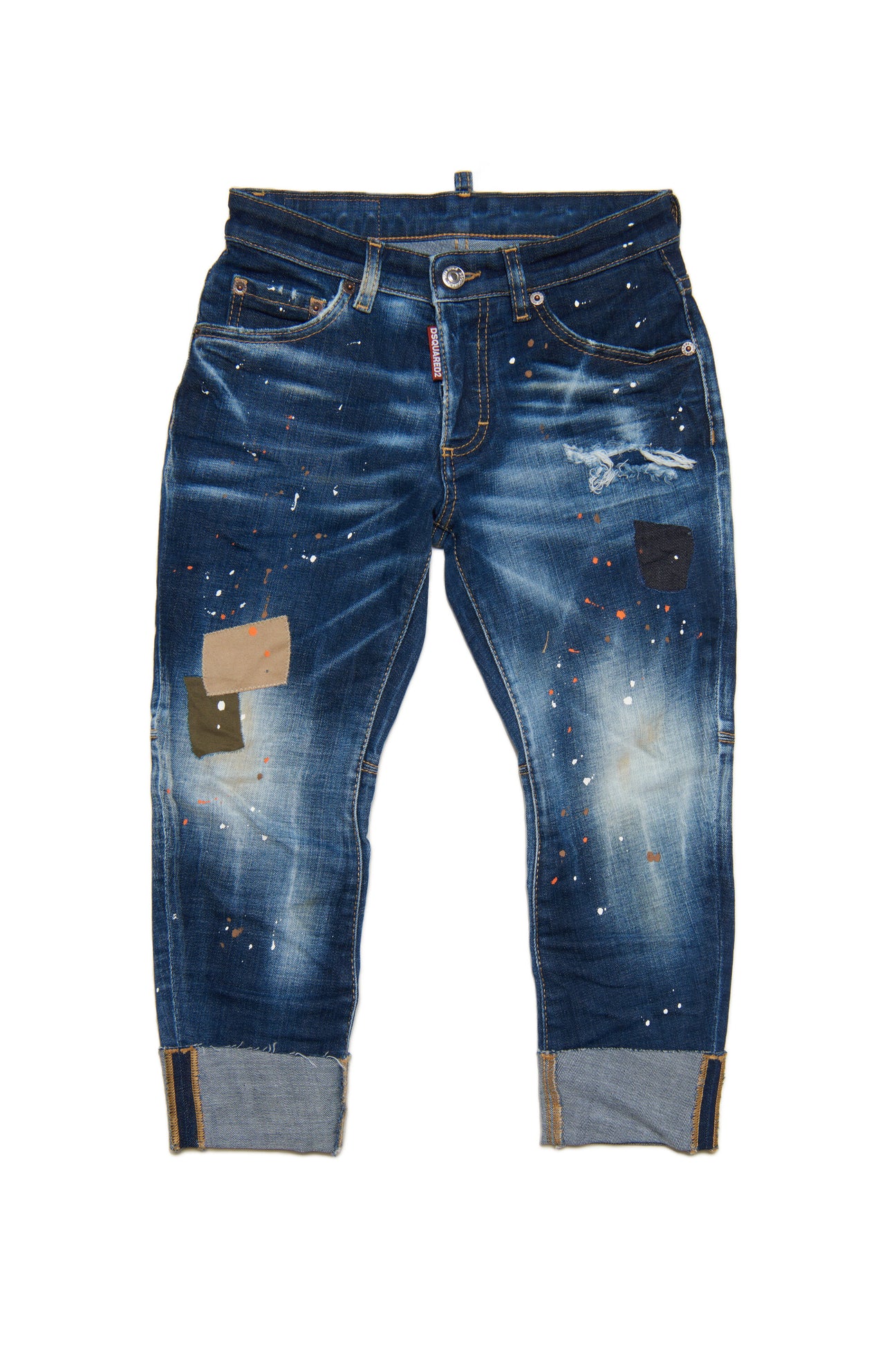 Shaded dark blue Sailor straight jeans with patches and spots 