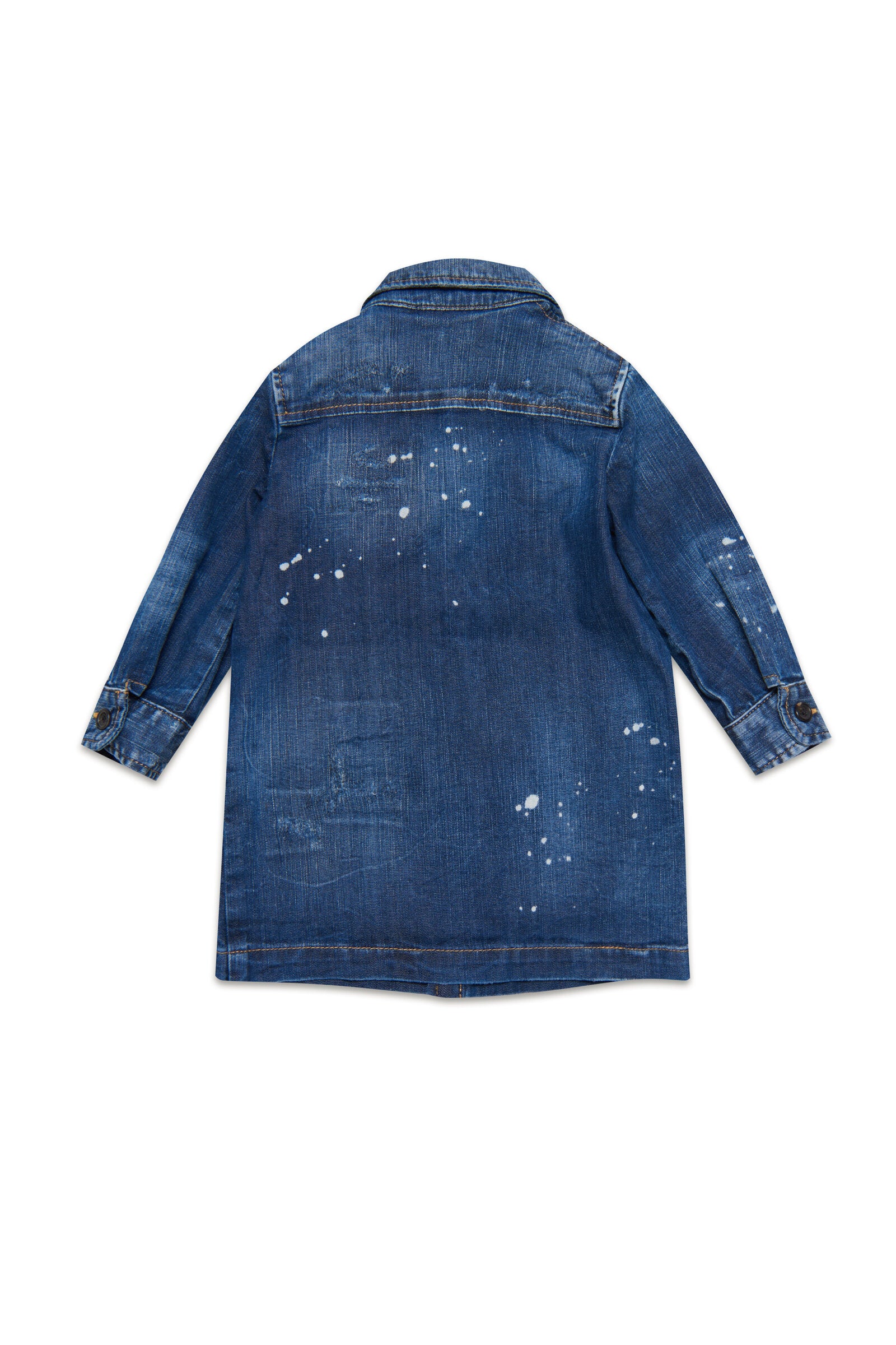 Shaded dark blue denim chemisier dress with abrasions and stains
