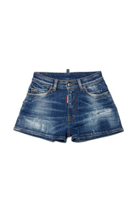 Shorts in blue shaded and ripped denim