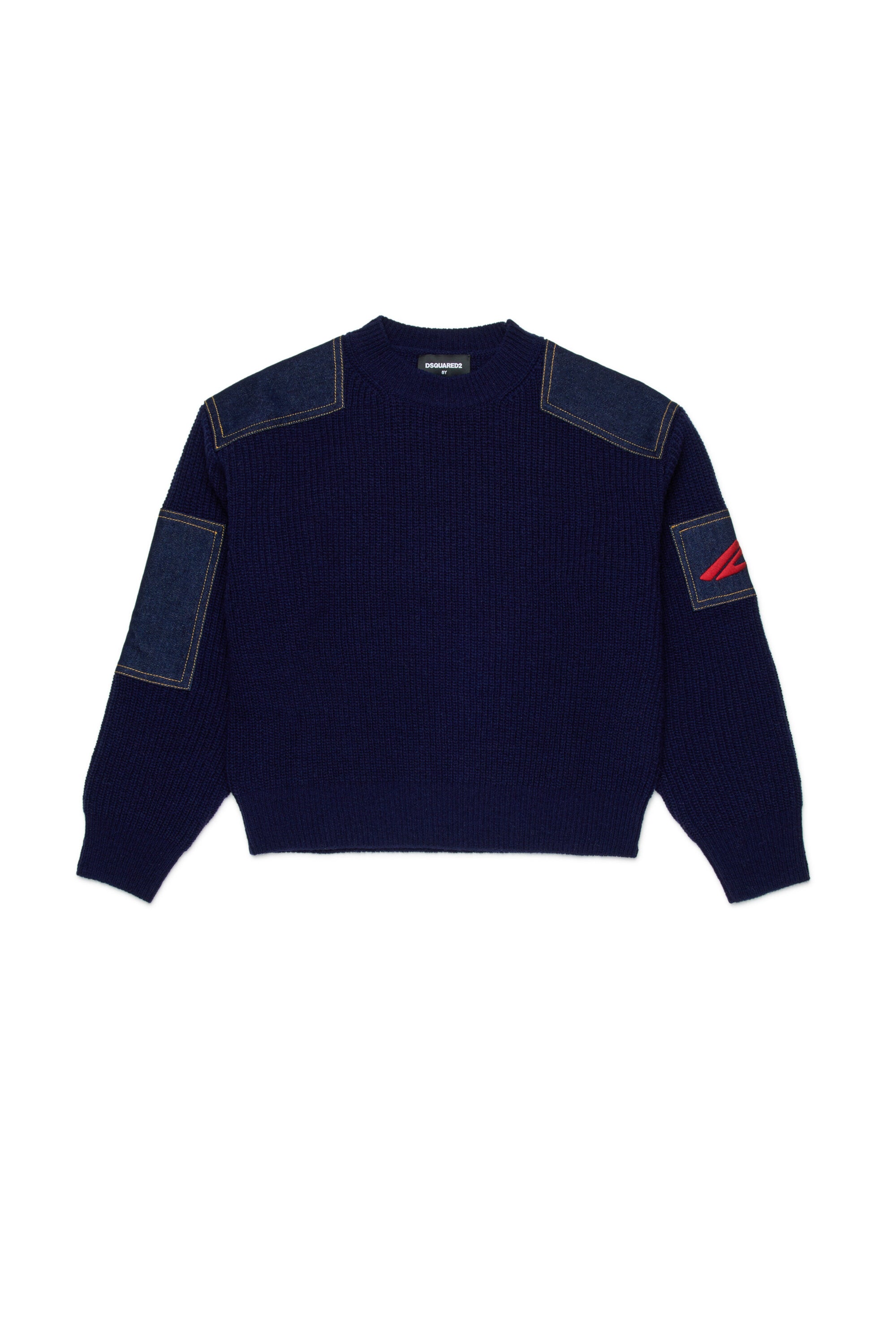 Wool blend pullover with denim inserts