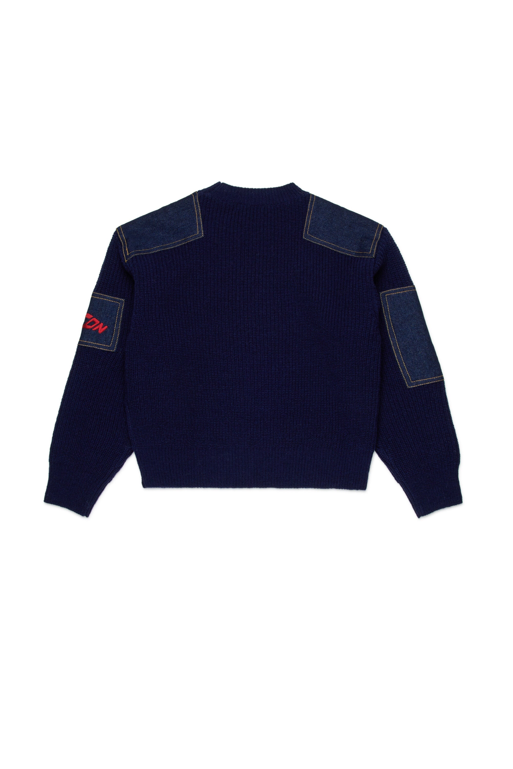 Wool blend pullover with denim inserts
