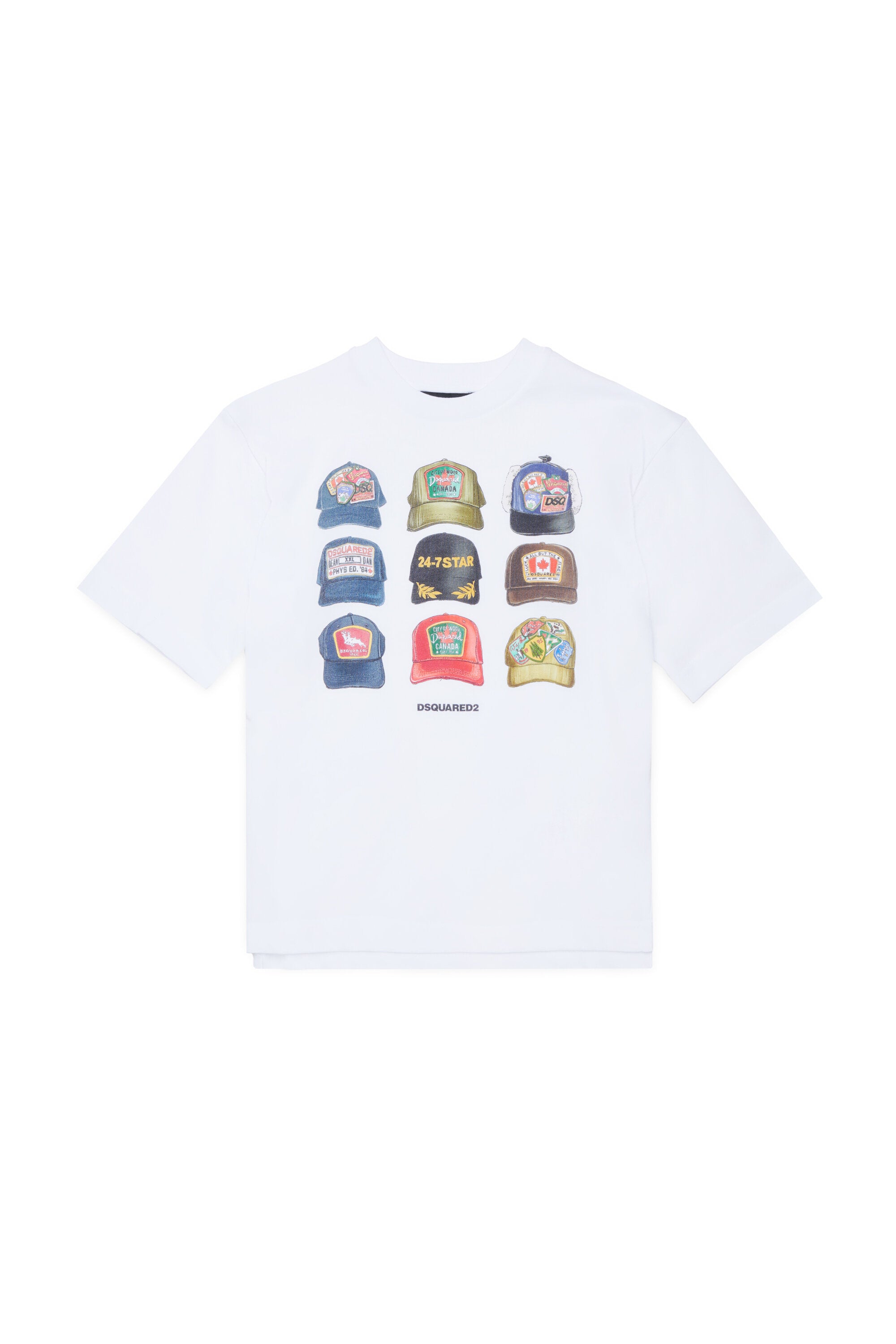 Camiseta con estampado de gorras y logo