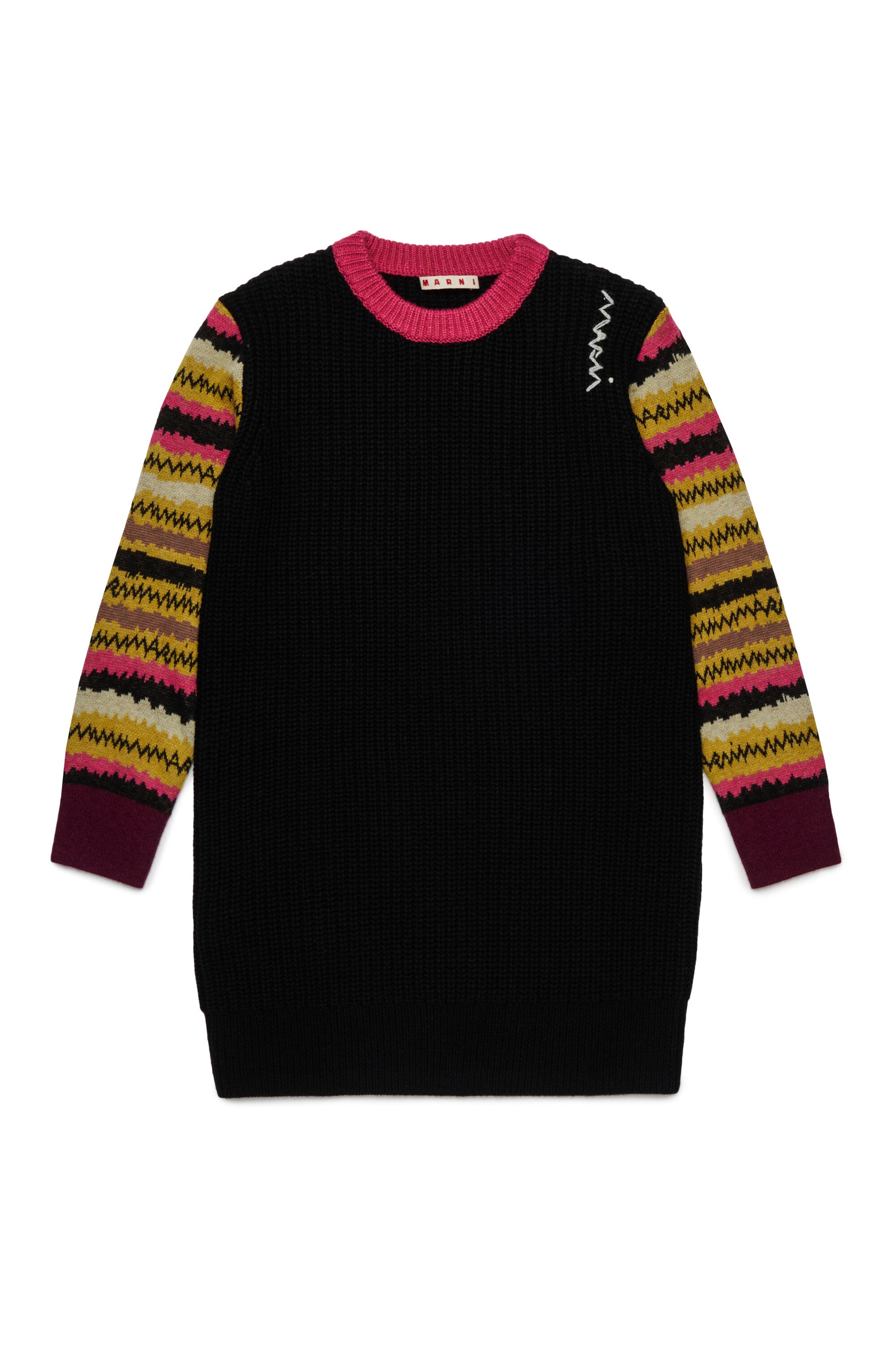 Wool-blend mini dress with Rock Doll patterned sleeves