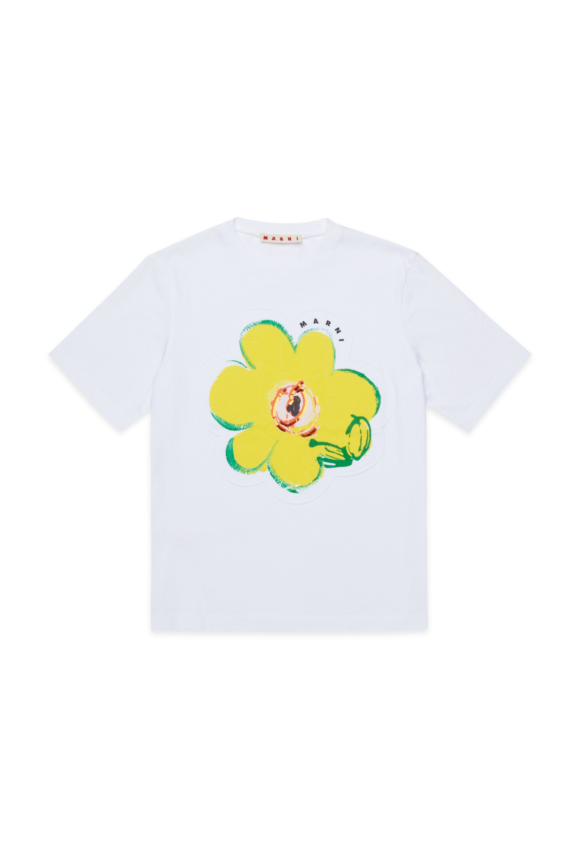 T-shirt with appliqué flower and logo