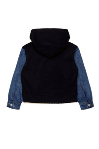 Hooded sweatshirt with denim sleeves