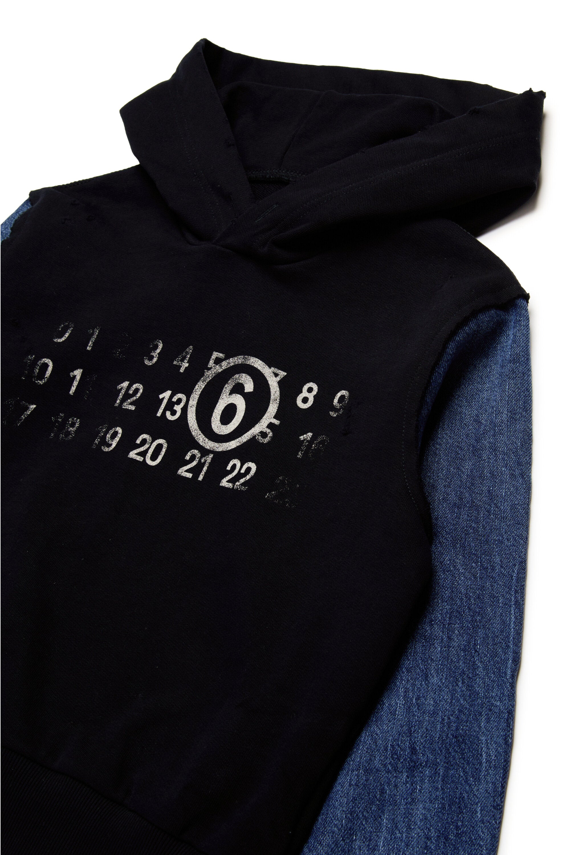 Hooded sweatshirt with denim sleeves