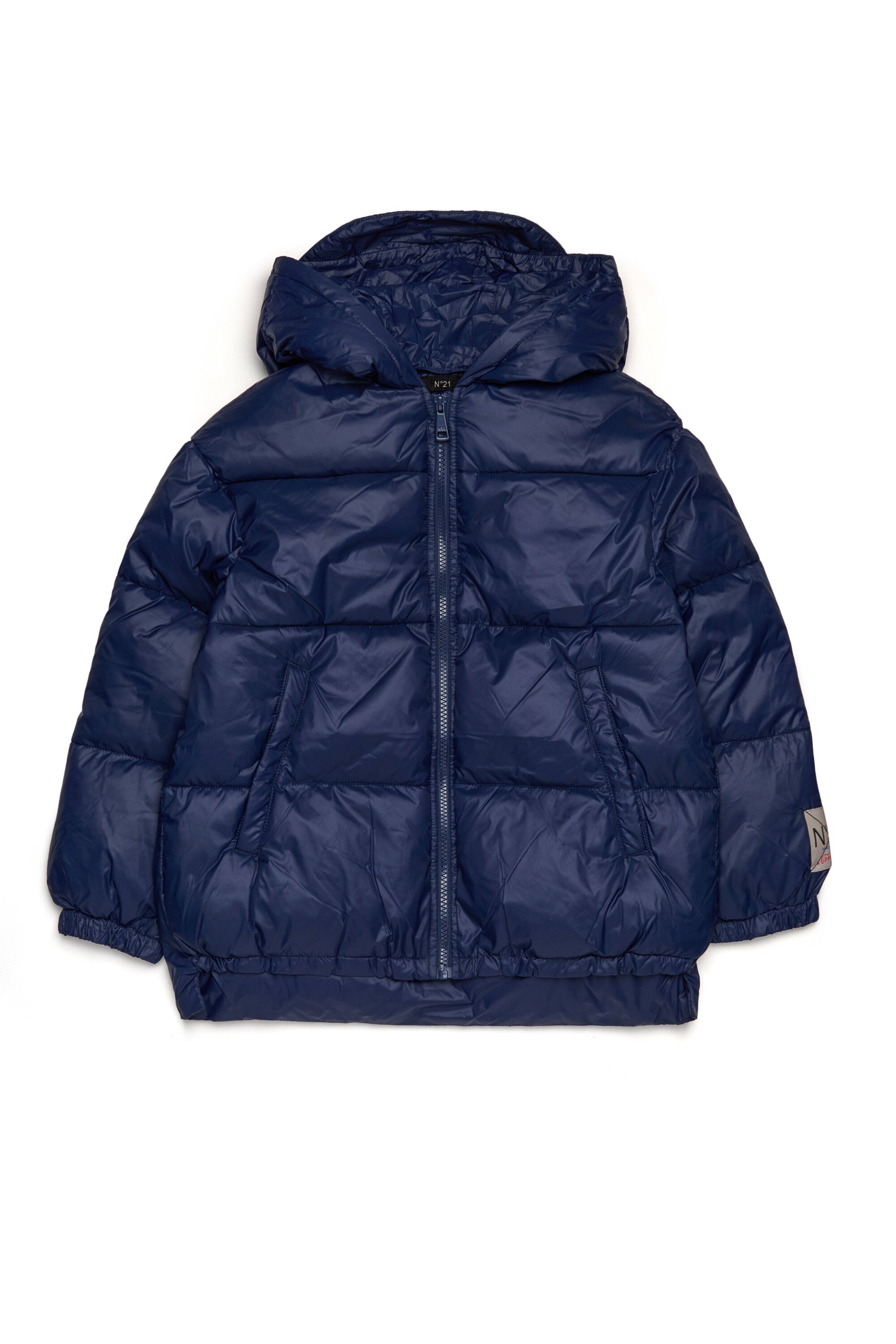 Short padded jacket with asymmetrical bottom