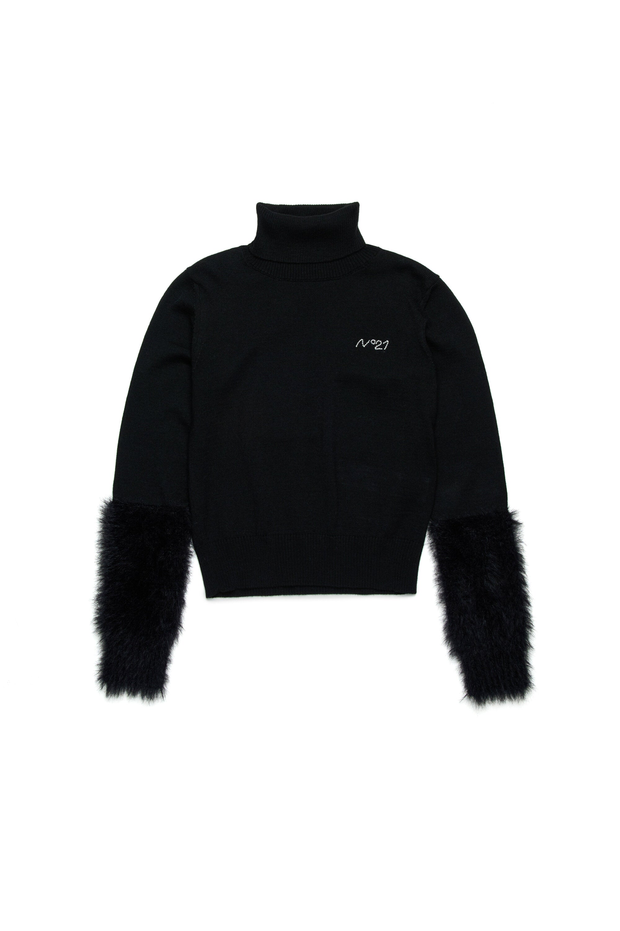 Wool-blend turtleneck with faux fur on sleeves