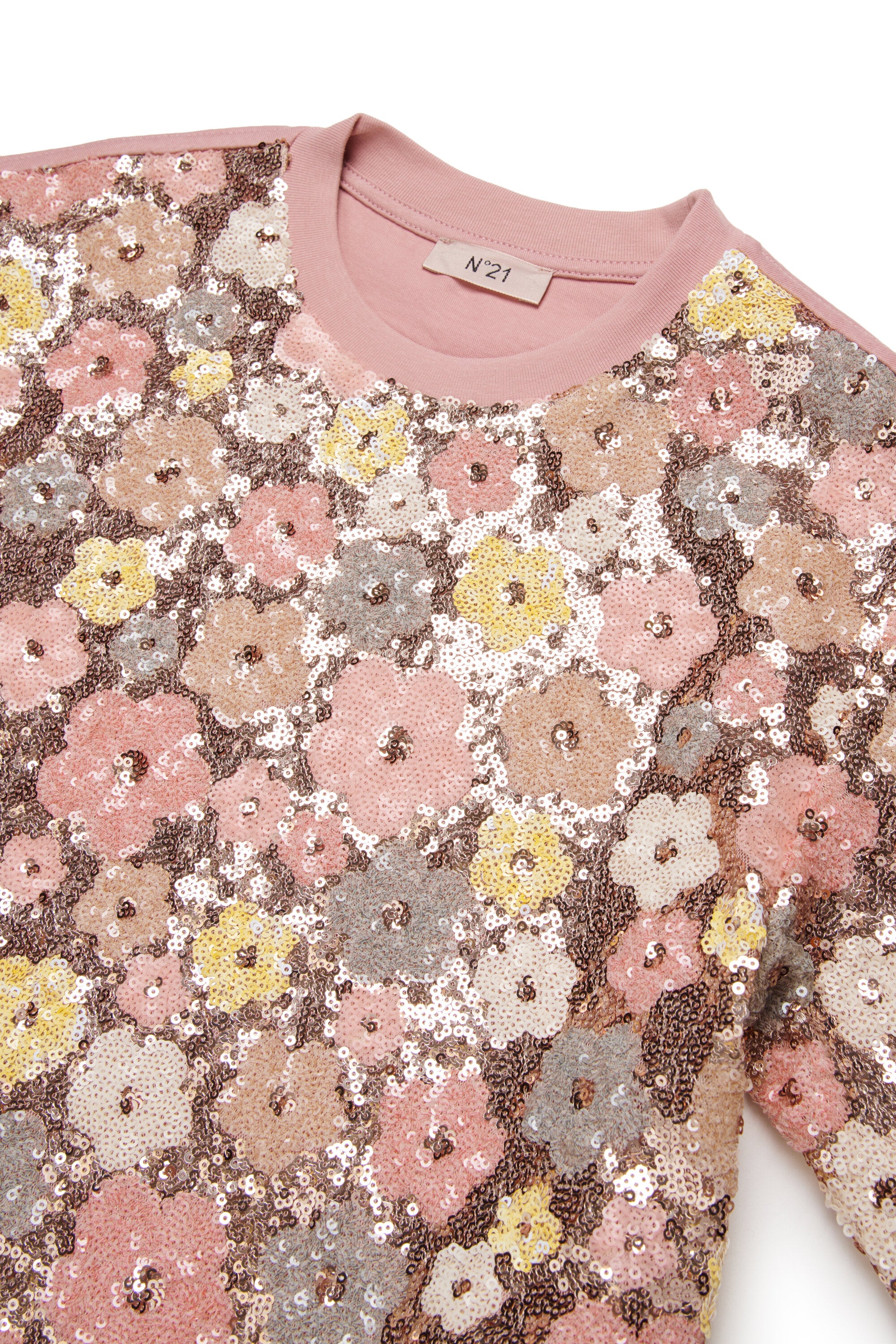 Crew-neck T-shirt with floral sequins