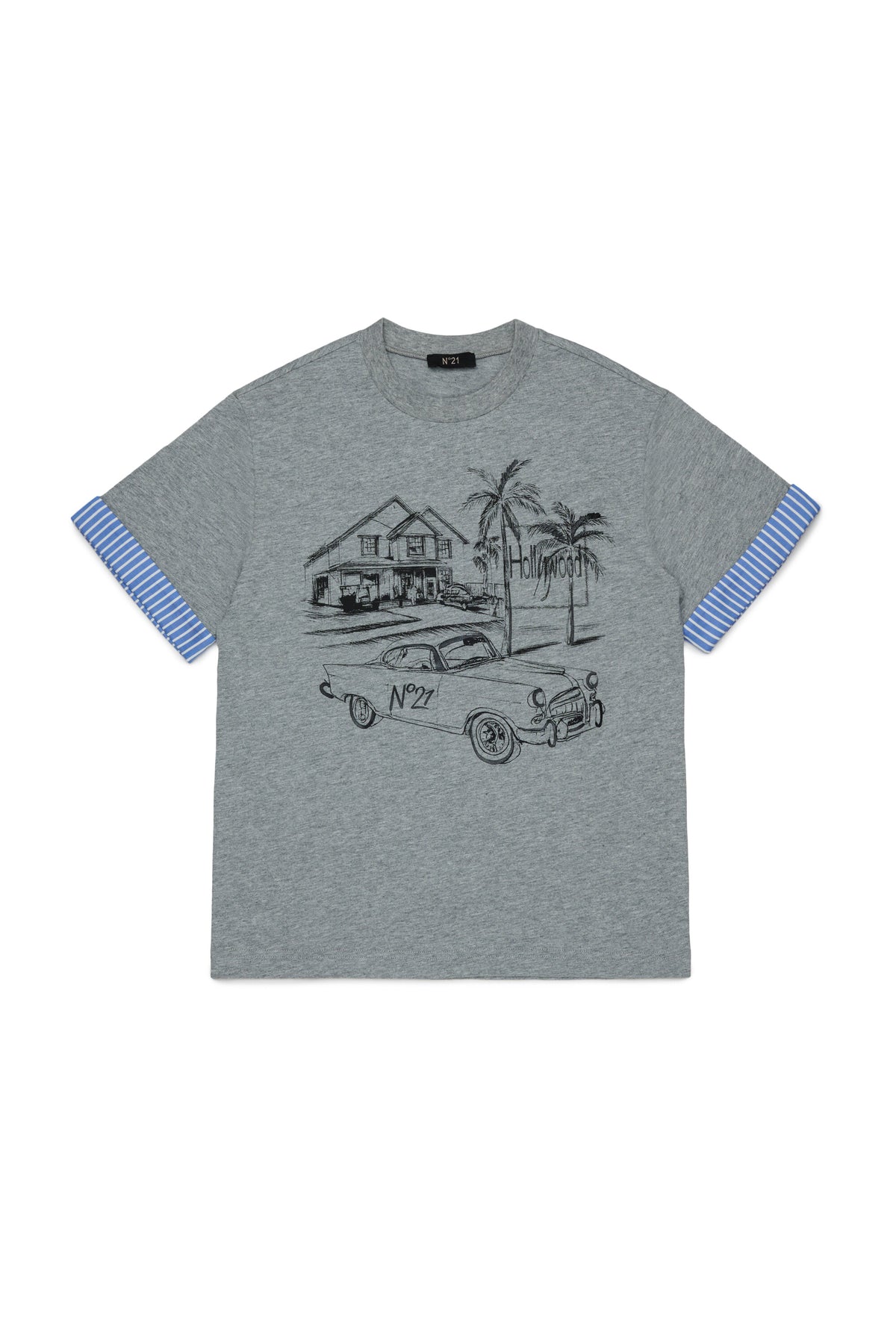 Camiseta con estampado y mangas a rayas