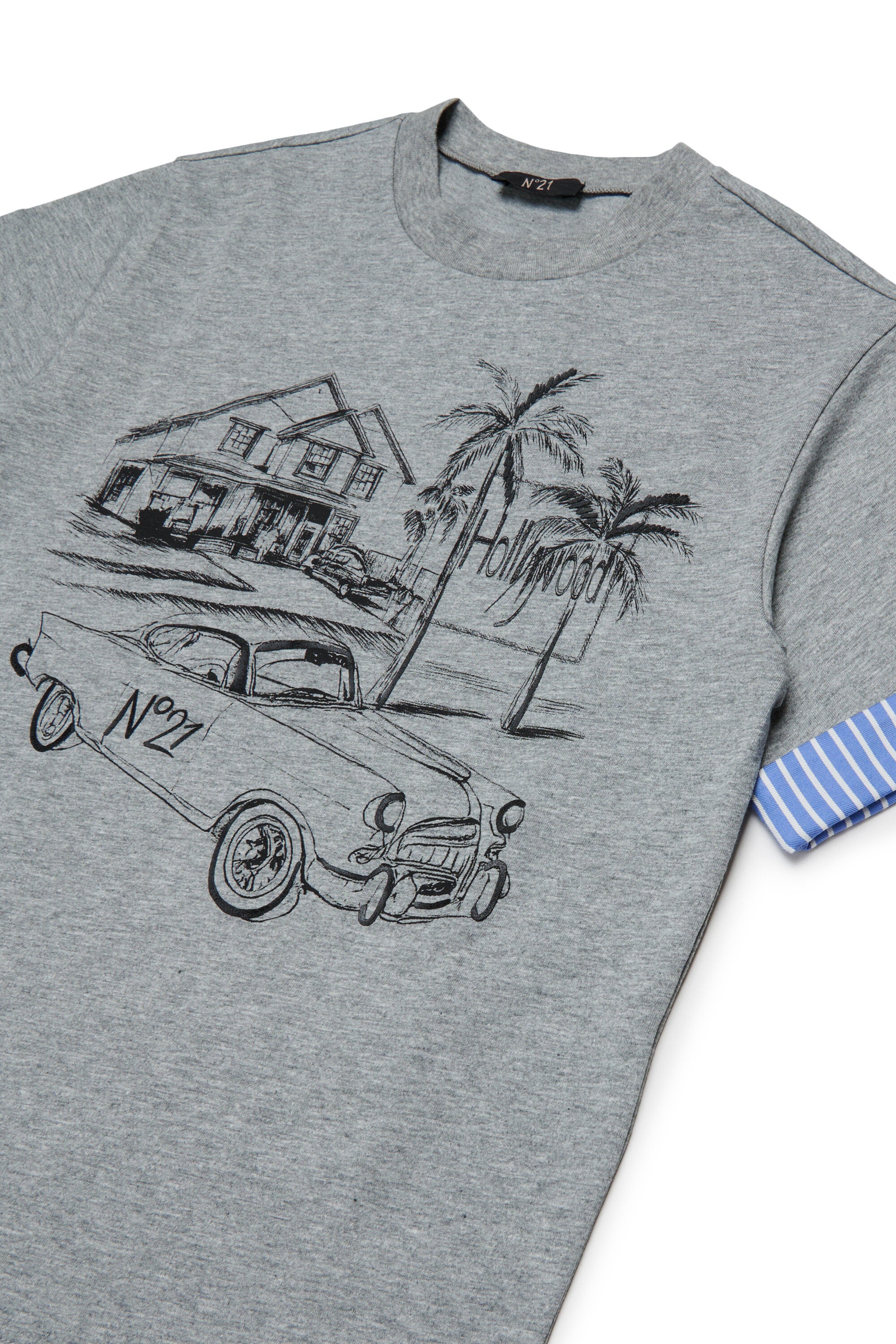 T-shirt with print and striped sleeves