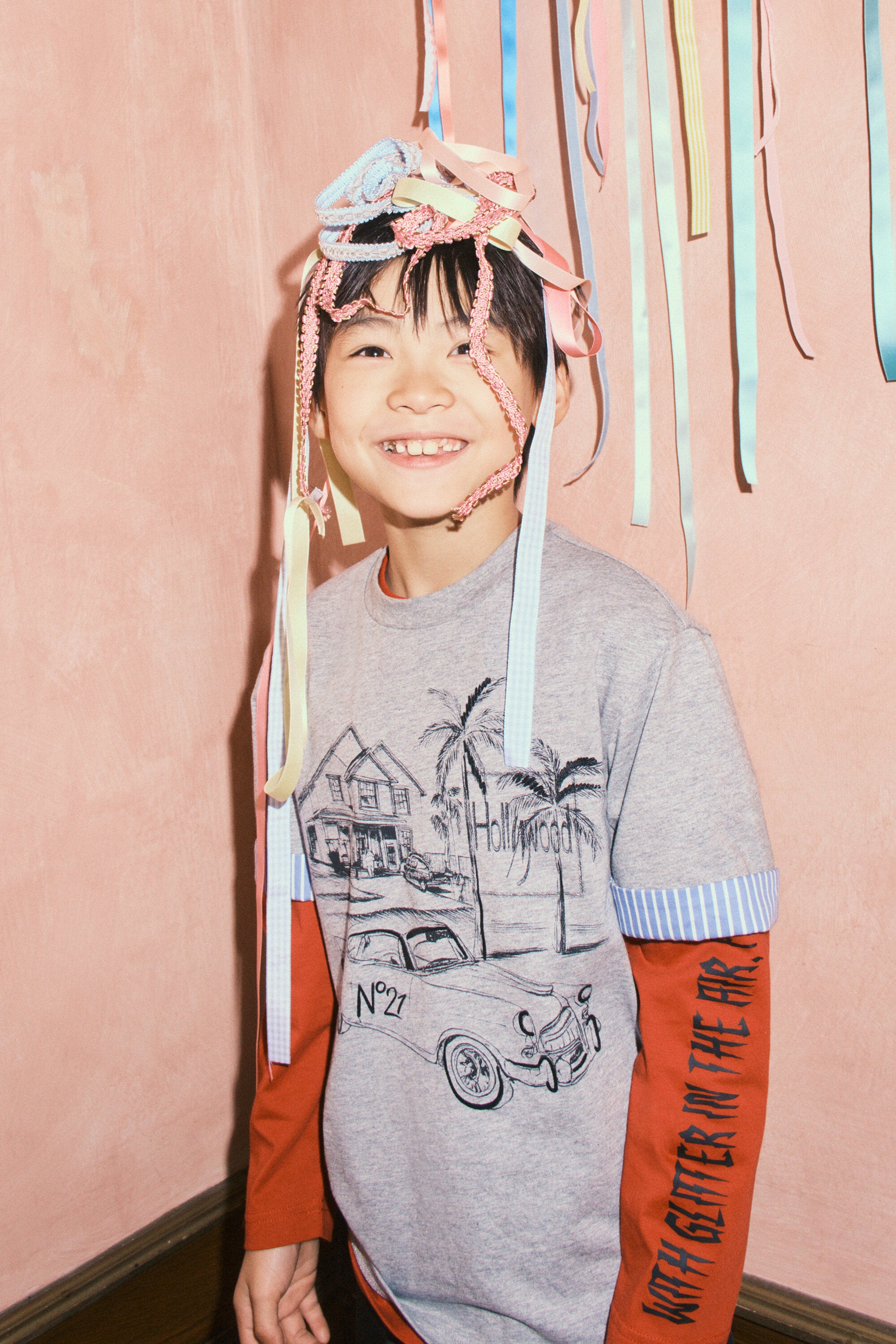T-shirt with print and striped sleeves