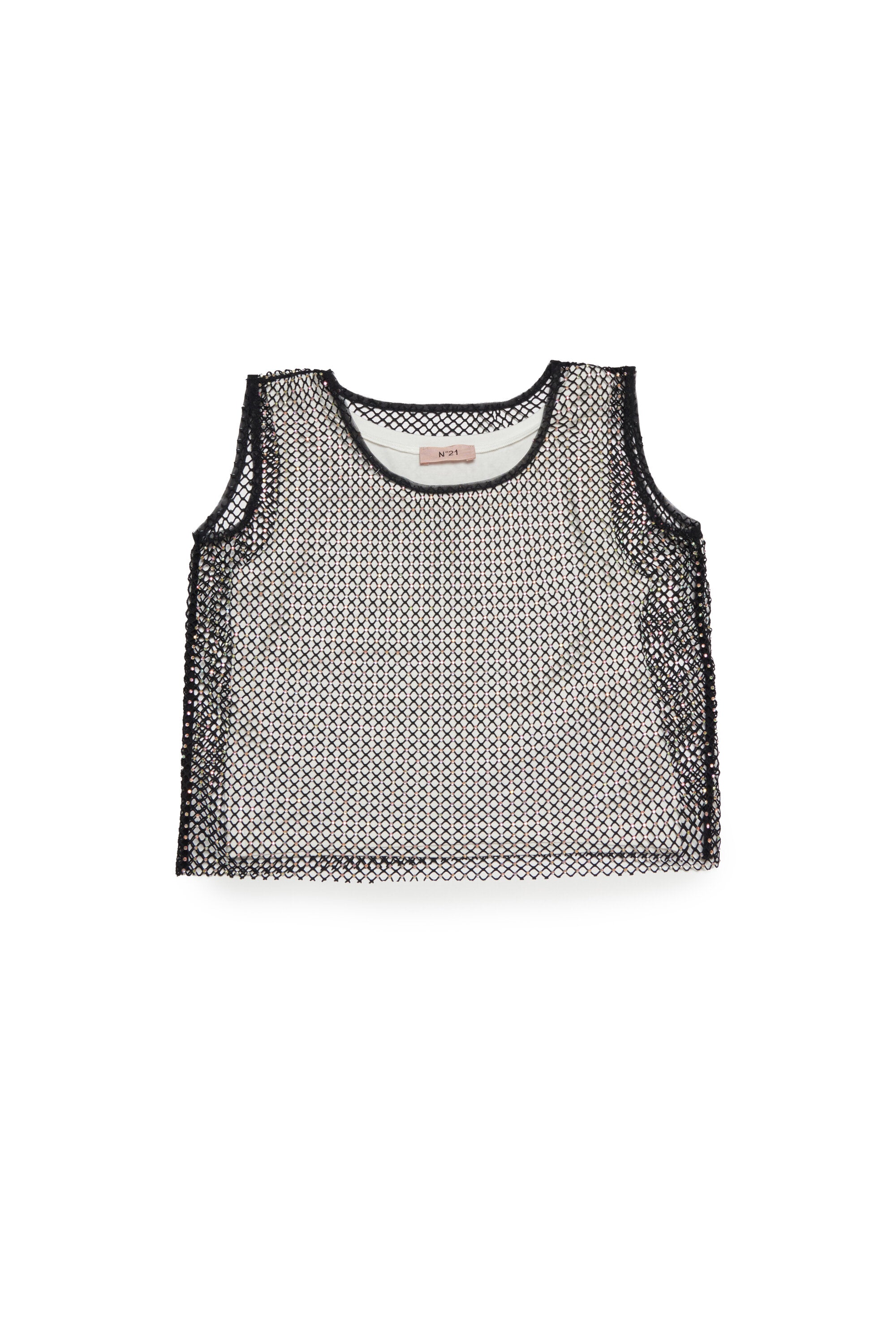 Sleeveless shirt with mesh and hotfix