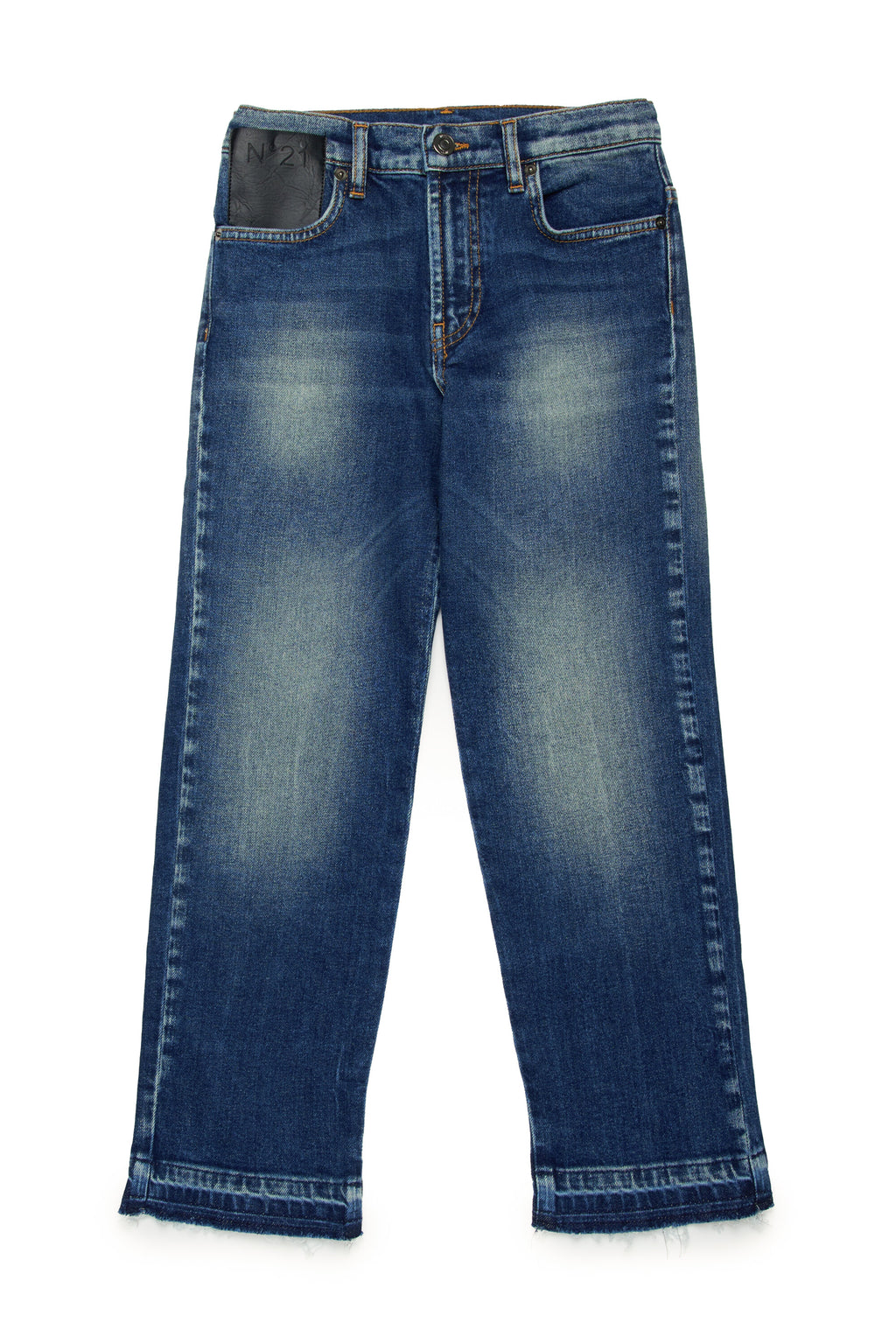 Jeans straight azul oscuro con efecto desgastado