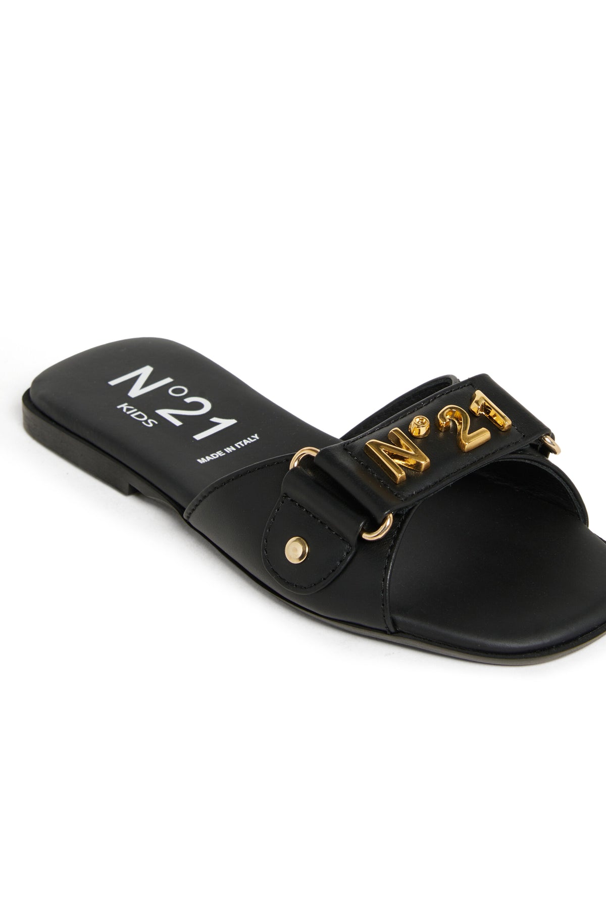Leather slides with metal logo