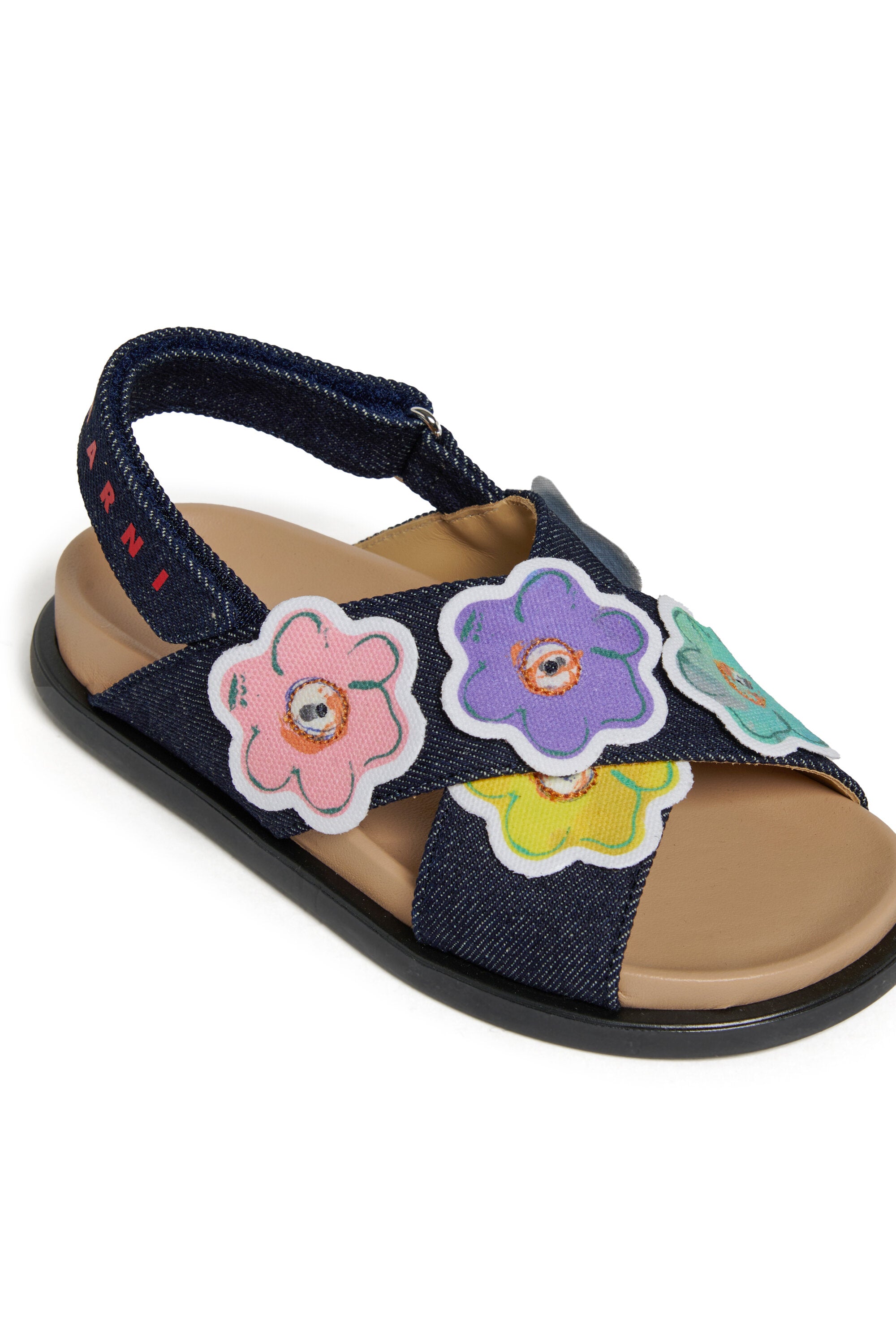 Sandals with floral appliqués and logo