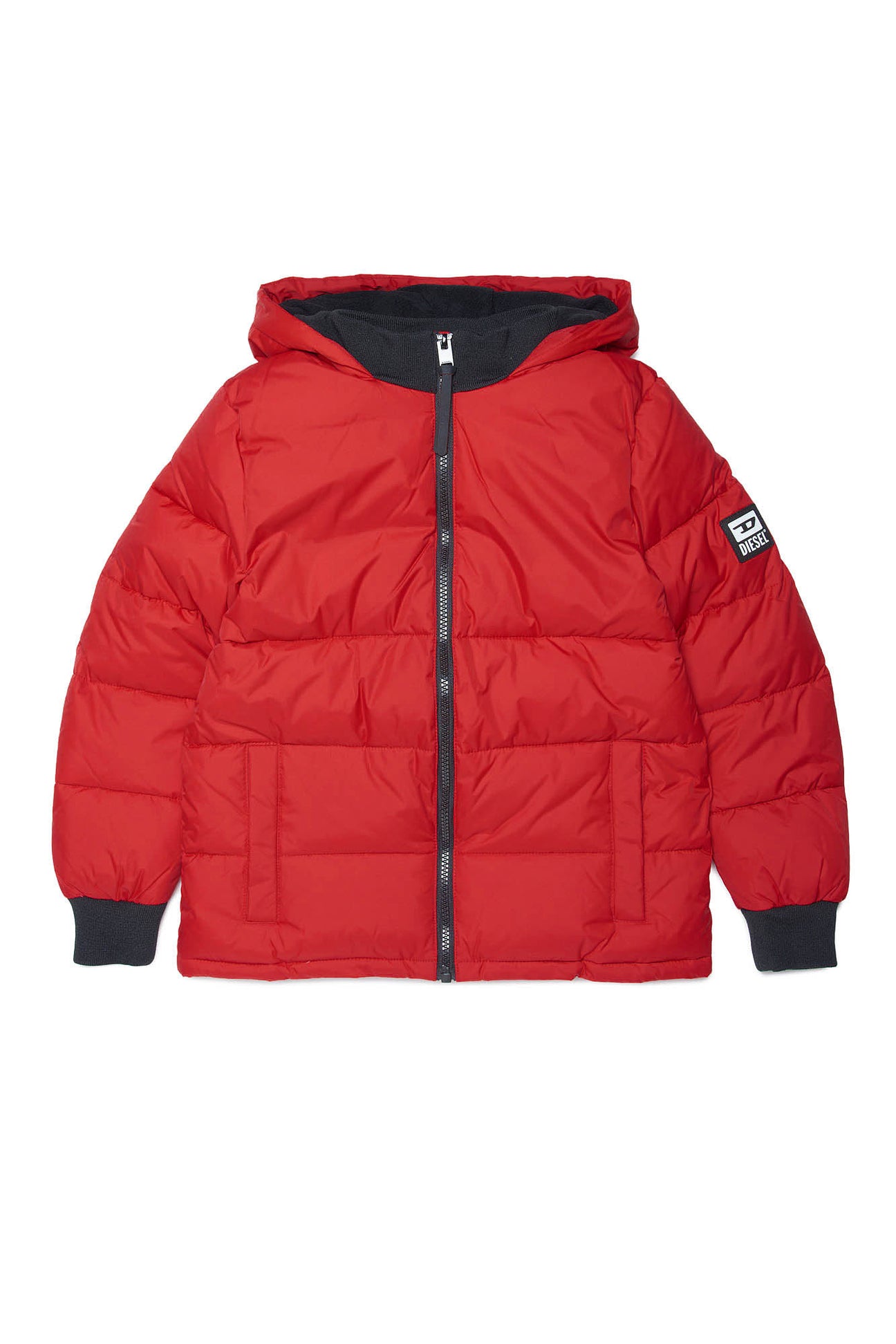 Red down jacket with Diesel logo on the back 