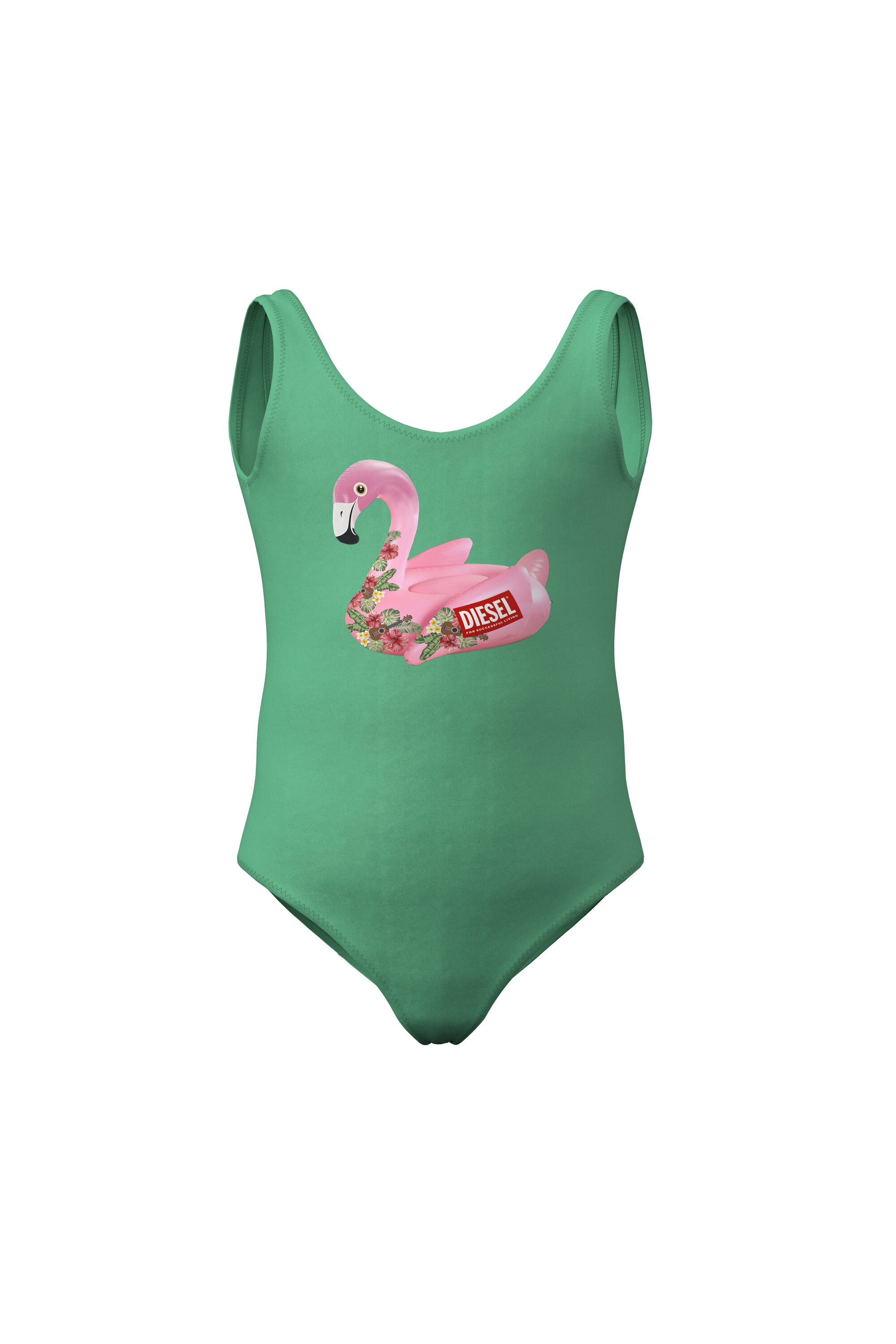 Green lycra one-piece swimsuit with pink flamingo print