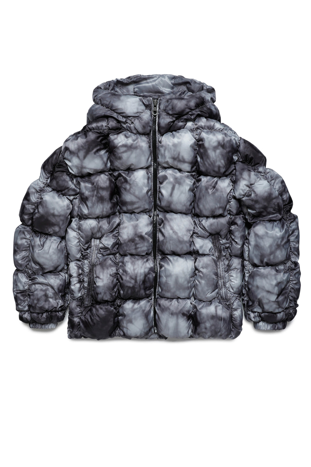Hooded padded jacket with smock stitch irregular dye effect