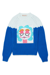 Blue cotton-blend sweater with printed face