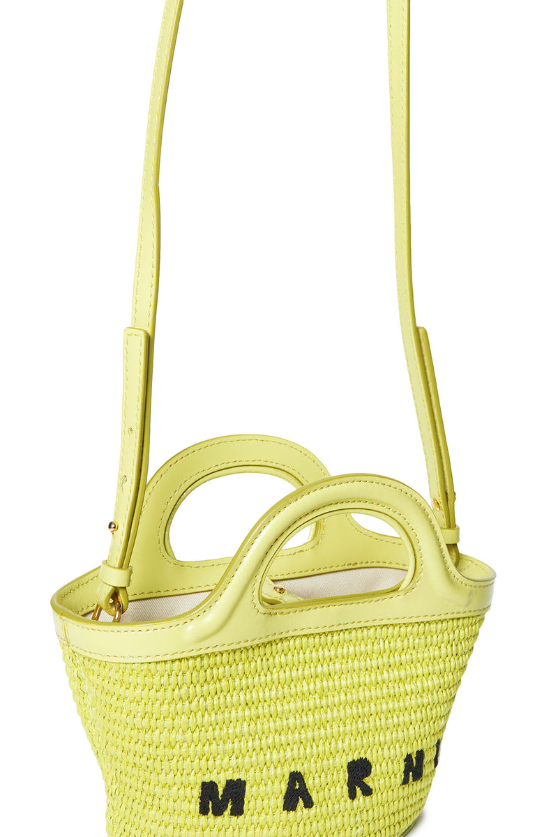 Marni lime Tropicalia bag in raffia with handles, shoulder strap and fabric  lining for children