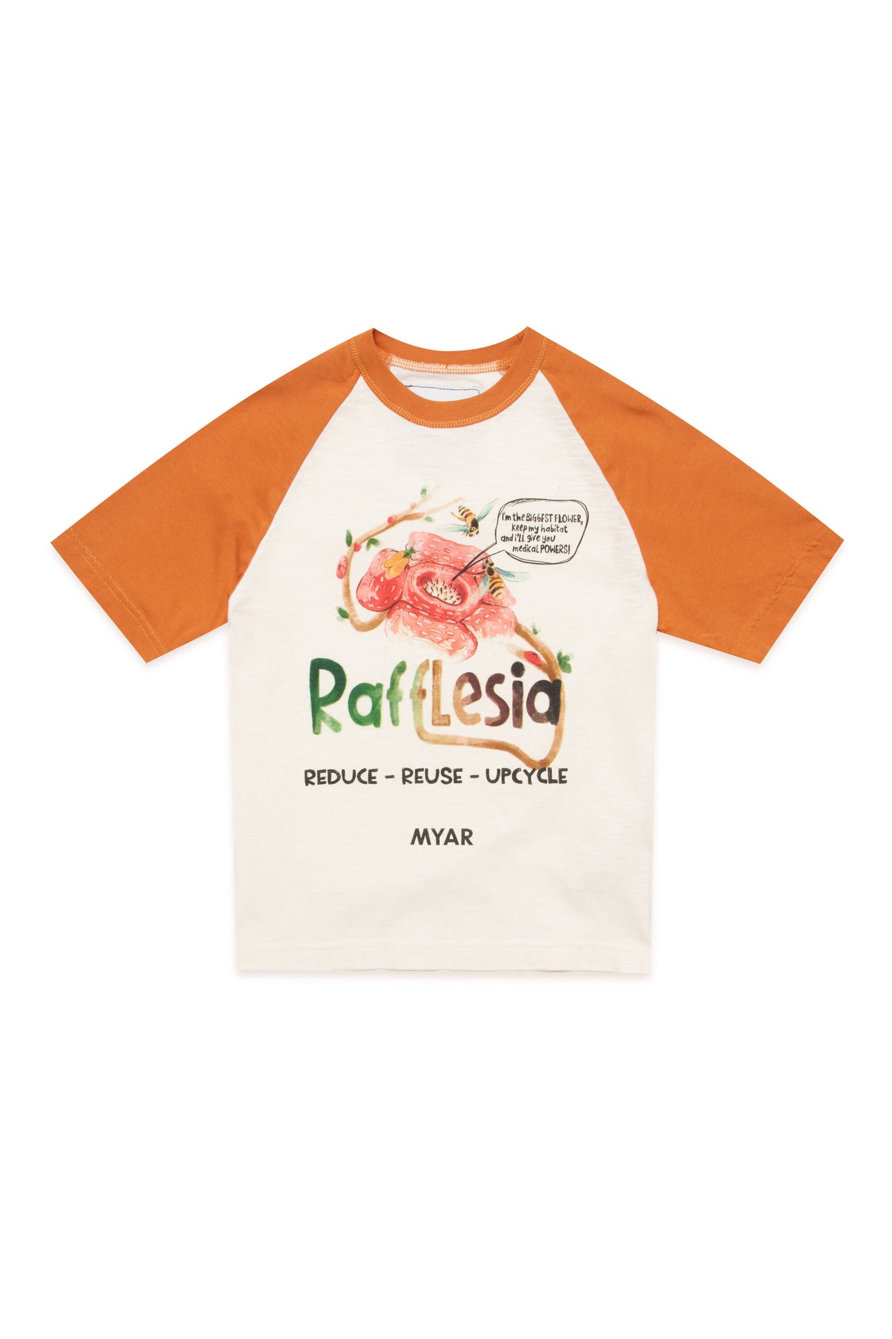 Two-tone white and orange deadstock fabric crew-neck T-shirt with Rafflesia digital print 
