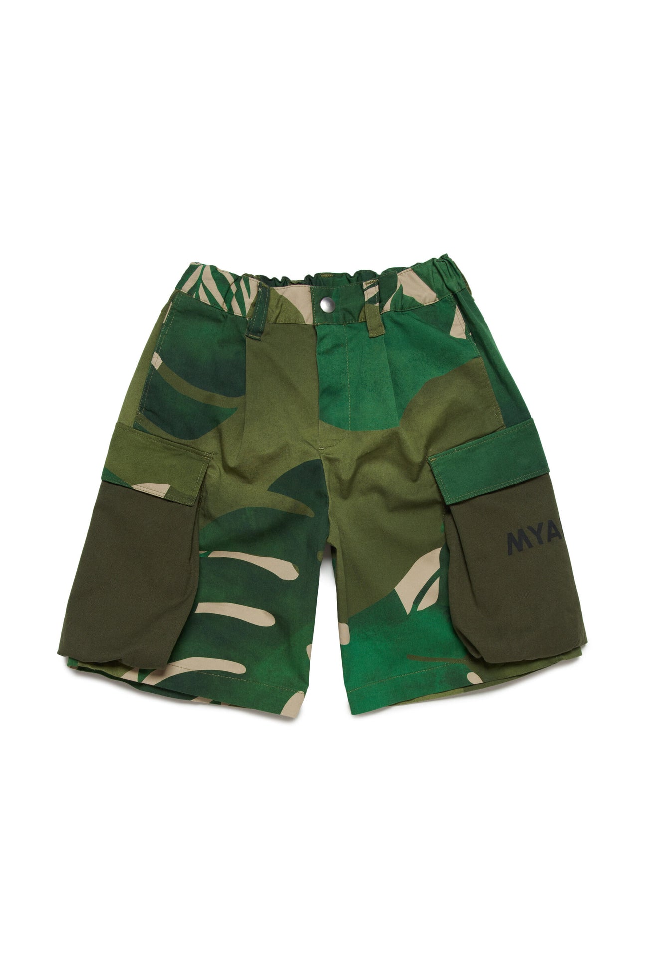 Deadstock shorts  with rainforest patterned fabric applications 