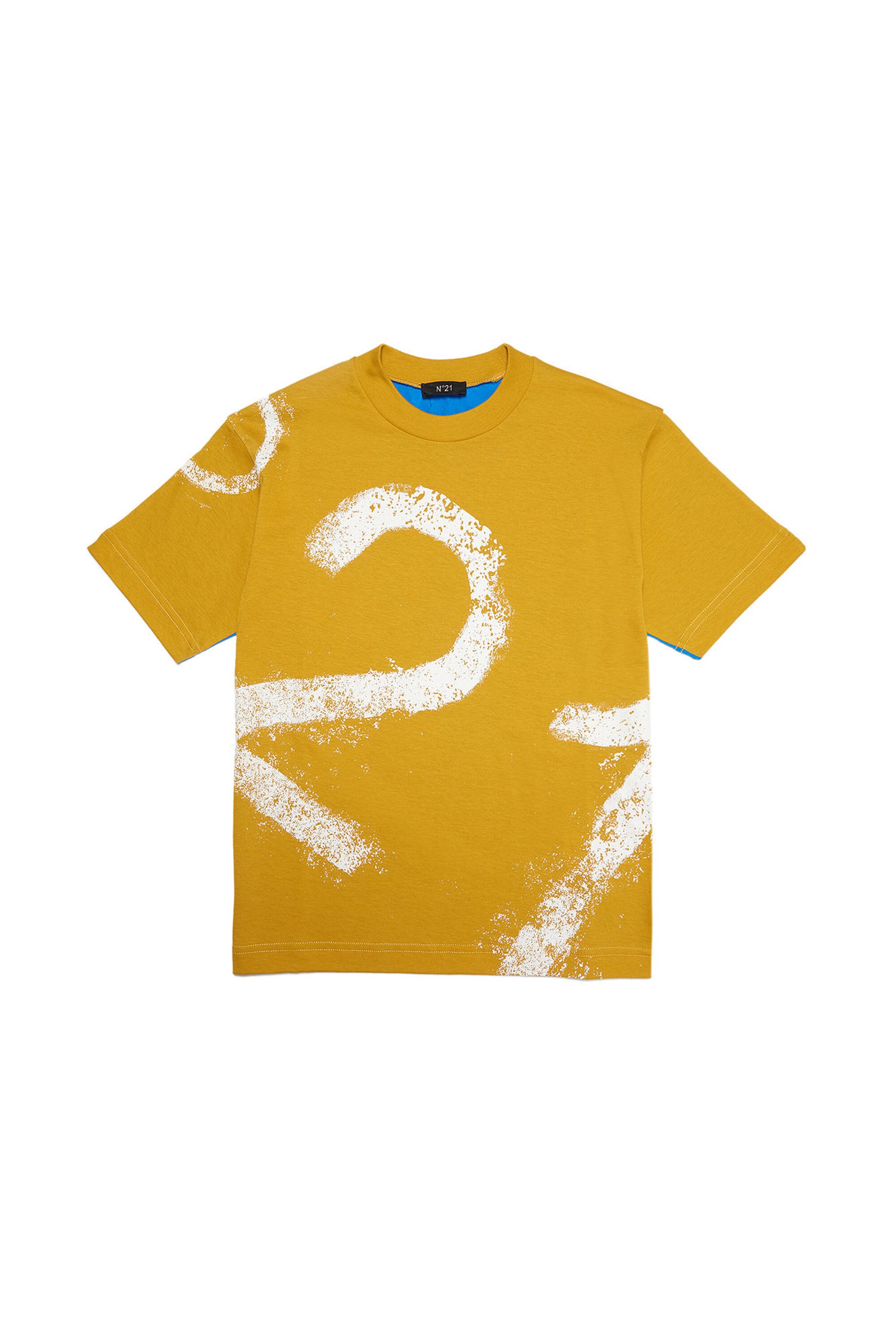 N°21 yellow and light blue two-tone jersey t-shirt with vintage effect logo  for children