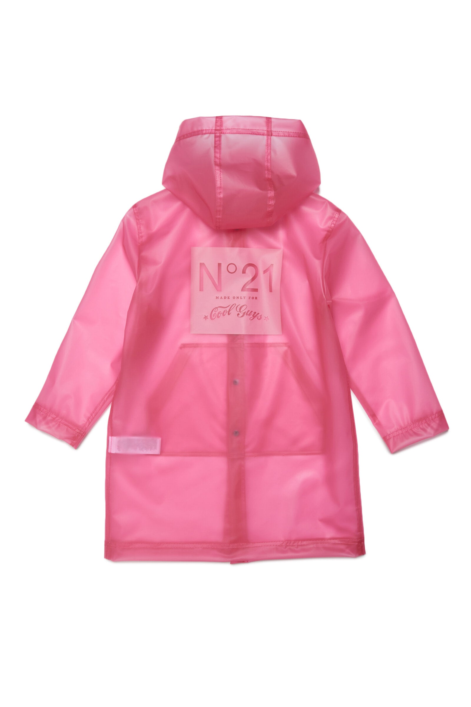Pink transparent jacket with hood and logo on the back