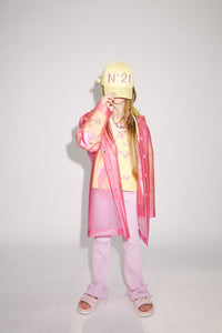 Pink transparent jacket with hood and logo on the back