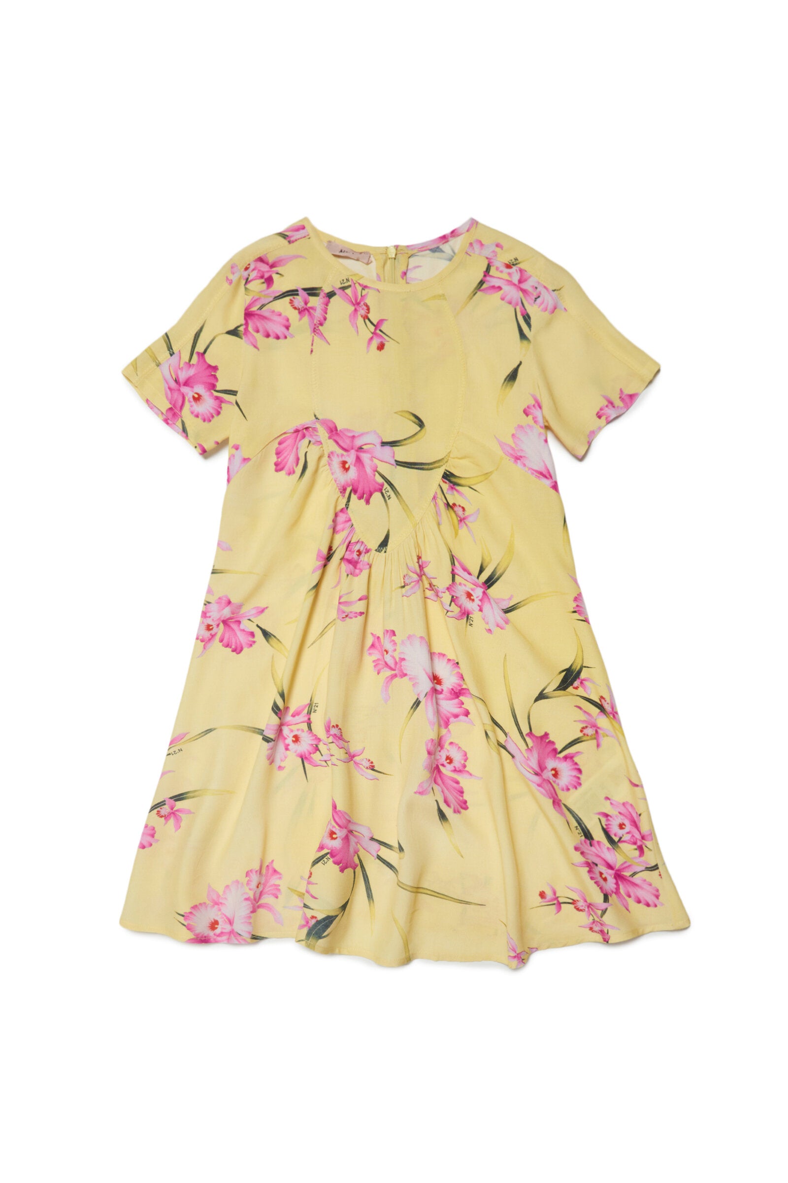 Yellow short-sleeved dress in crêpe with floral print