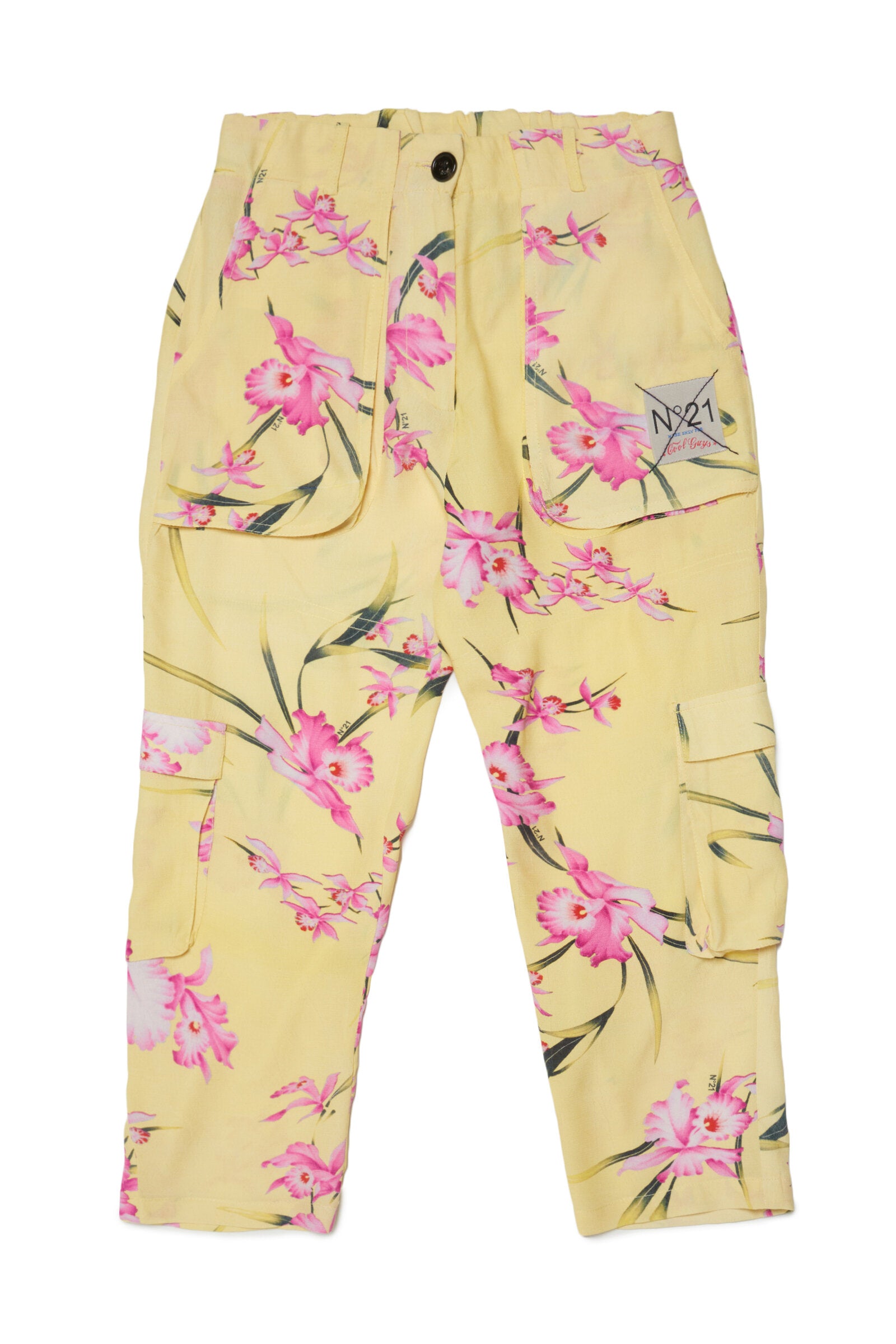 Yellow multi-pocket cargo trousers in crêpe with floral print