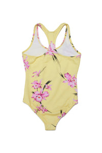 Yellow lycra one-piece swimming costume with floral print