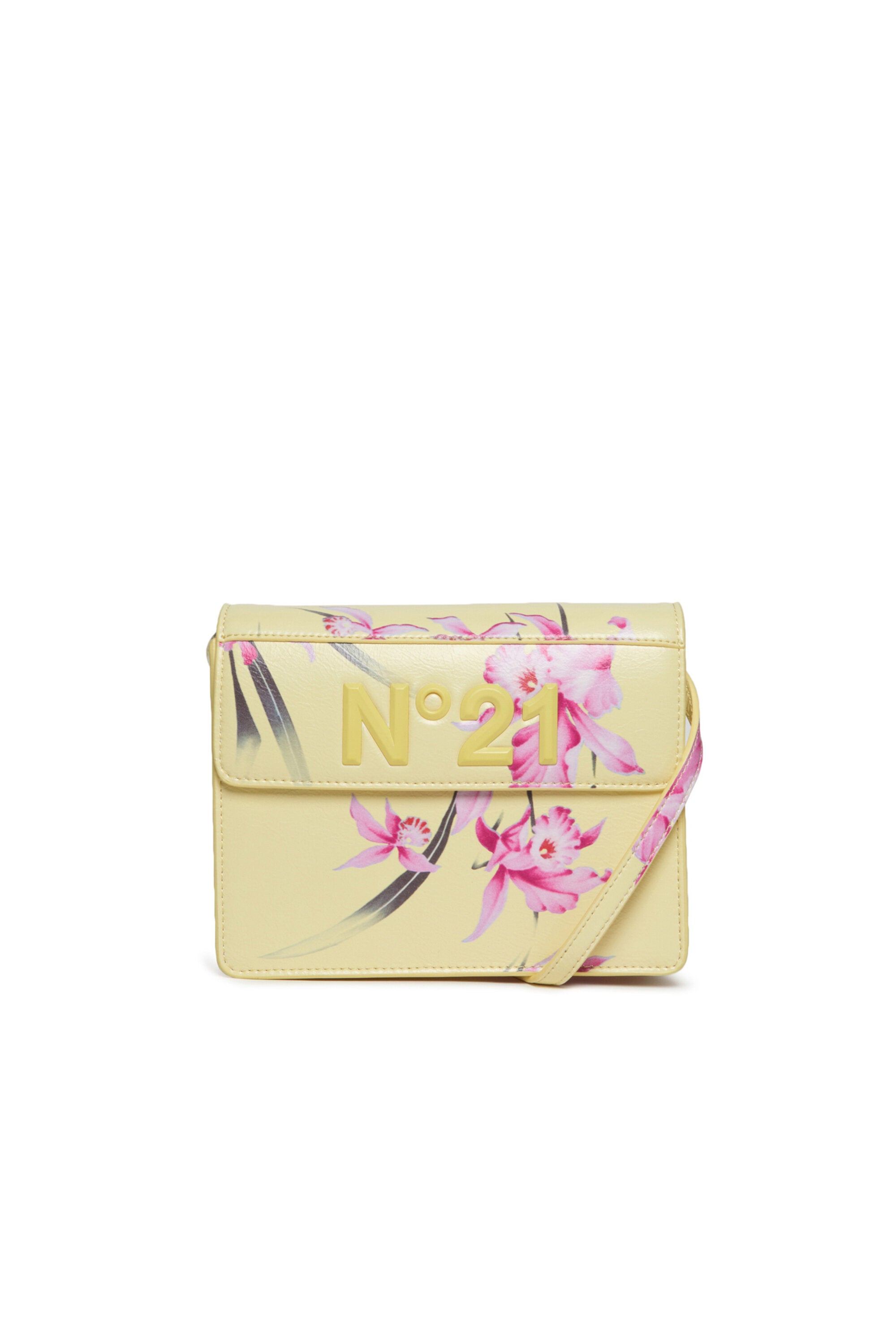 Yellow flap bag in leatherette with shoulder strap and floral print