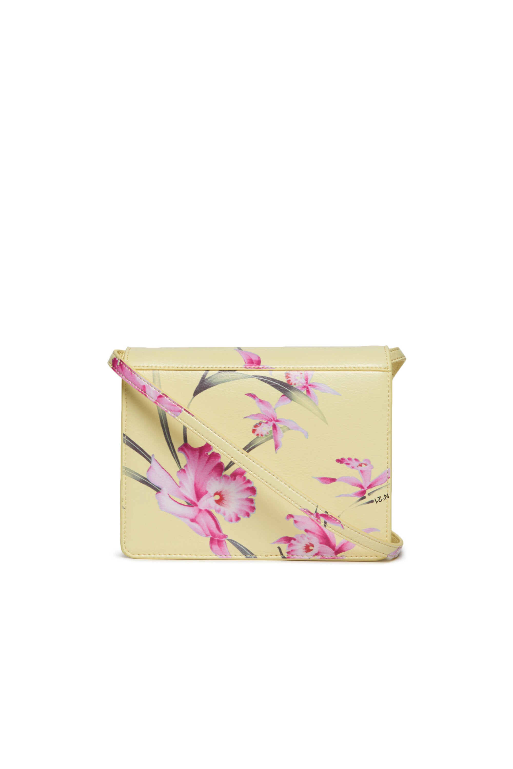Yellow flap bag in leatherette with shoulder strap and floral print