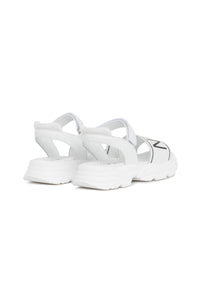 White sandals with logo band and velcro fastening