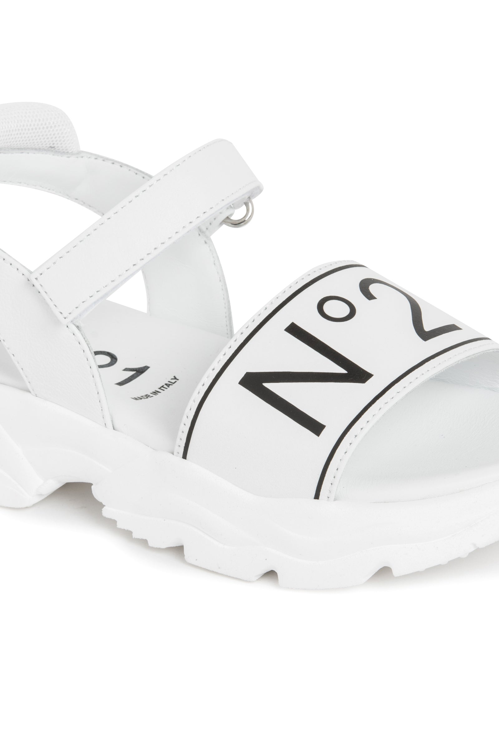 White sandals with logo band and velcro fastening