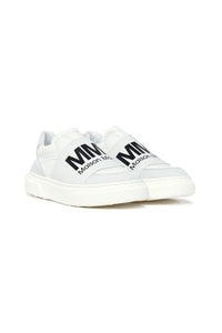 White leather low-top sneakers with elasticized logo band