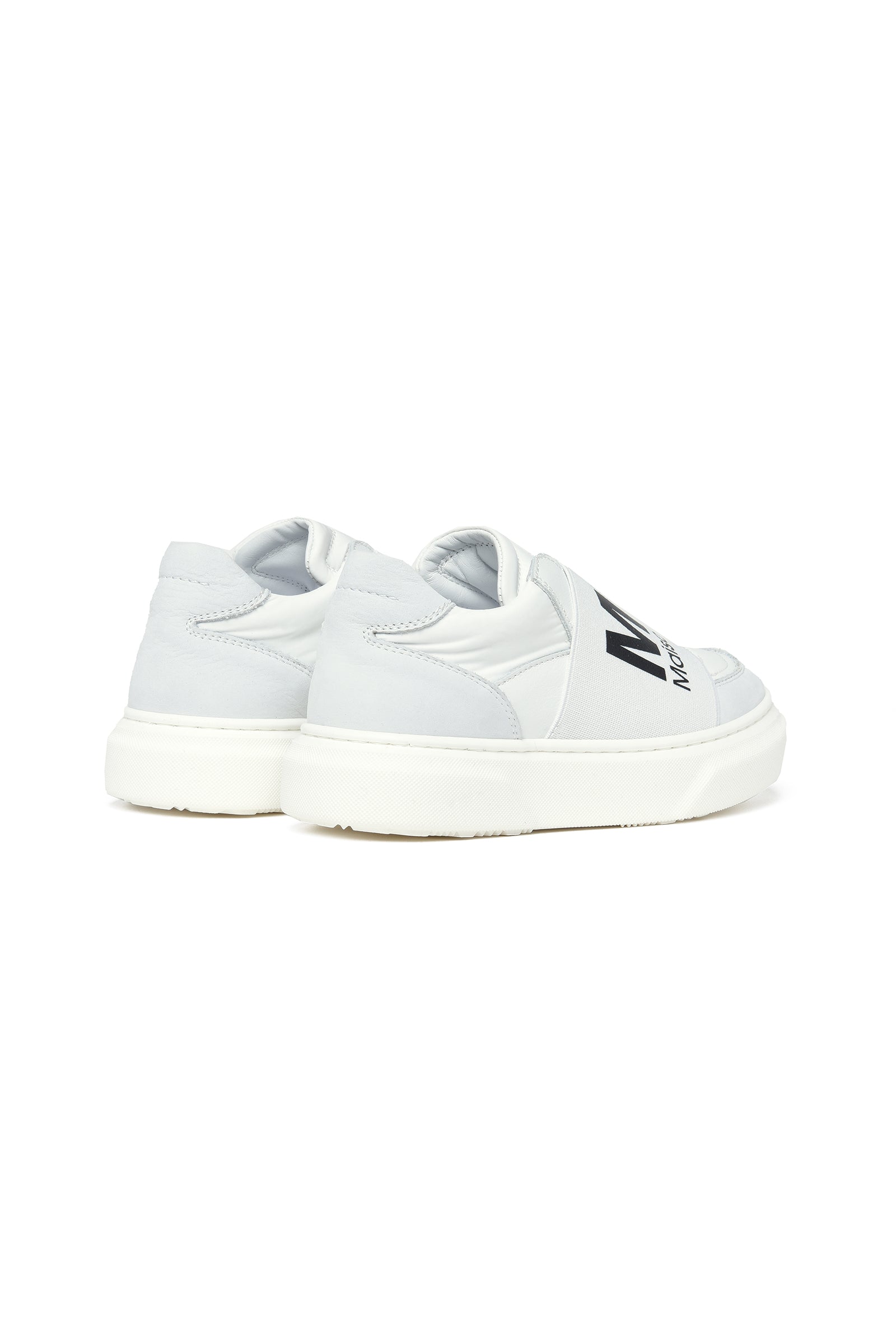White leather low-top sneakers with elasticized logo band